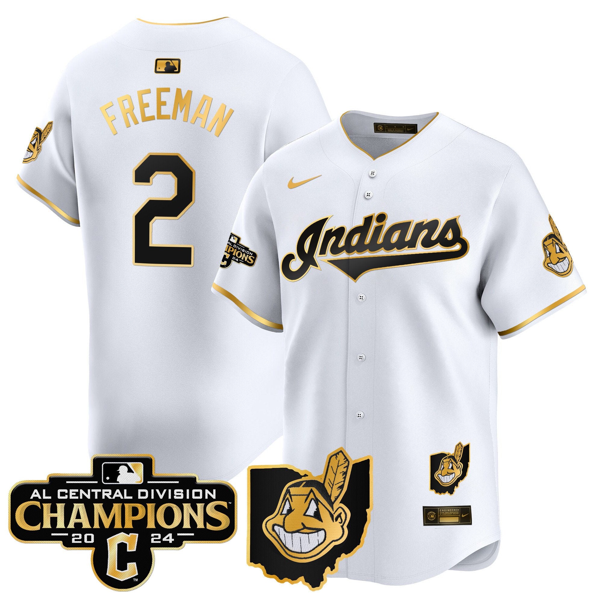 Men's Cleveland Indians 2024 AL Central Division Champions Vapor Premier Limited Jersey - All Stitched - White Gold, Tyler Freeman