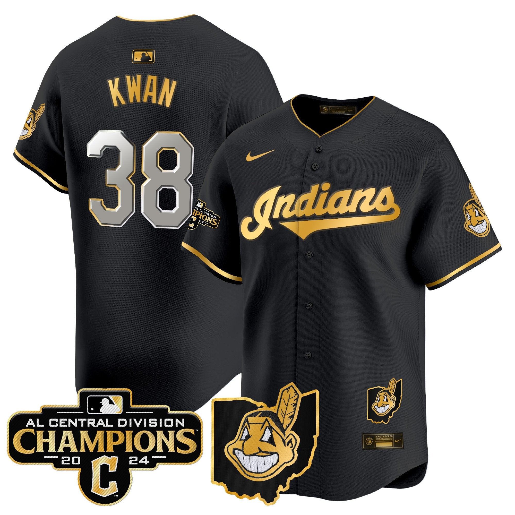 Men's Cleveland Indians 2024 AL Central Division Champions Vapor Premier Limited Jersey - All Stitched - Black Gold, Steven Kwan