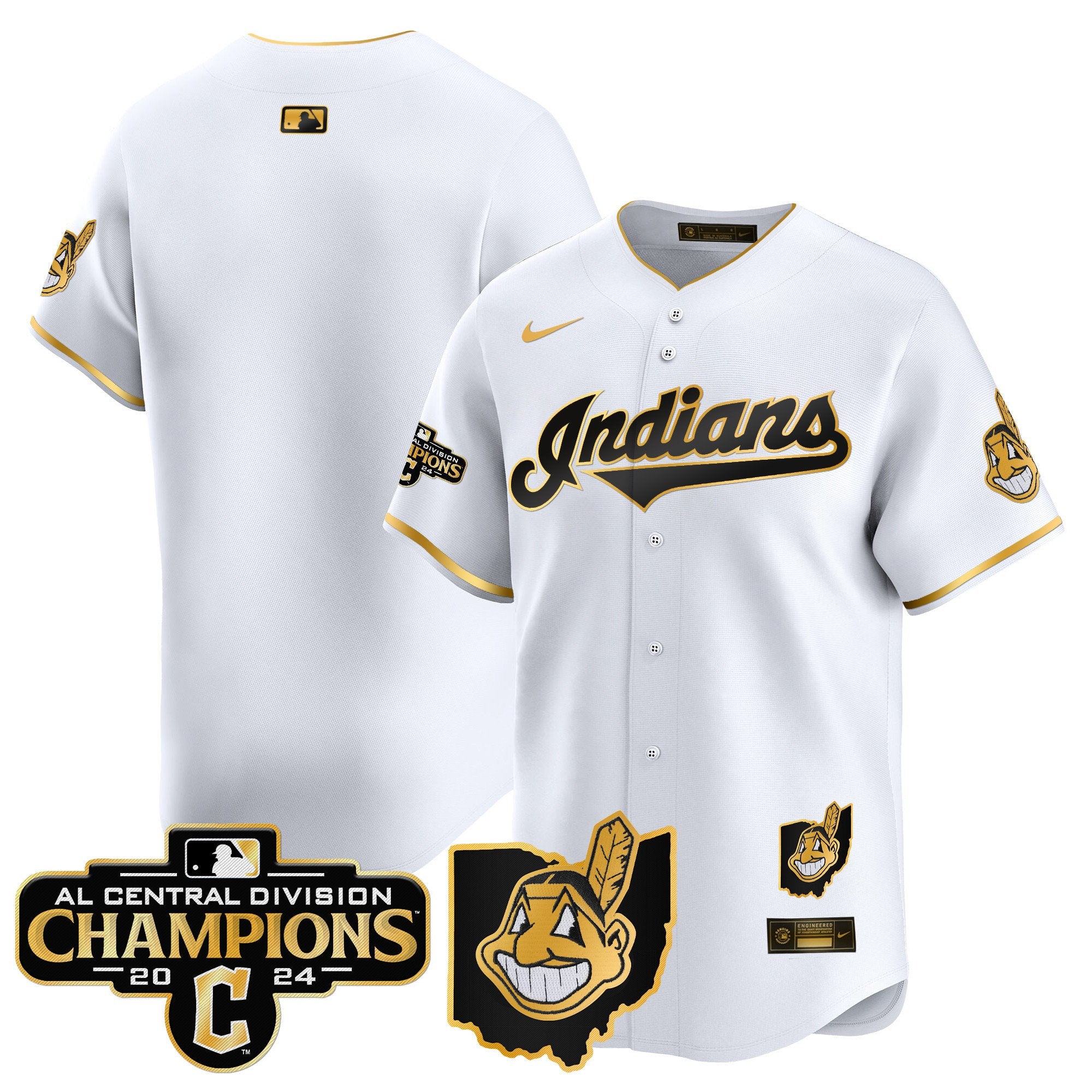 Men's Cleveland Indians 2024 AL Central Division Champions Vapor Premier Limited Jersey - All Stitched - White Gold, Team