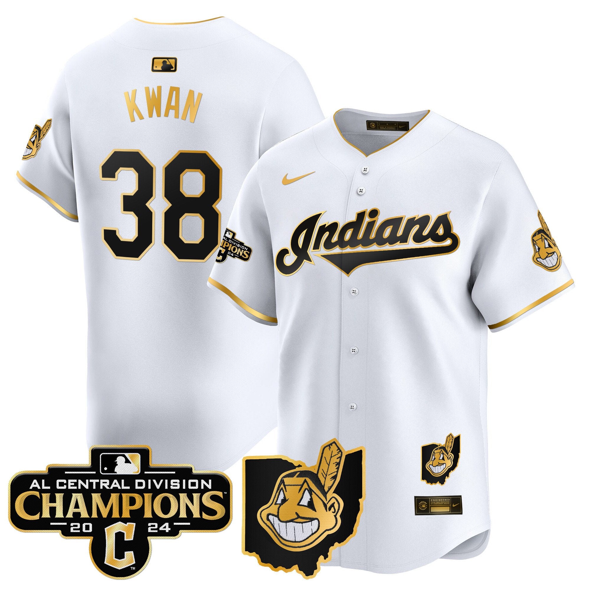 Men's Cleveland Indians 2024 AL Central Division Champions Vapor Premier Limited Jersey - All Stitched - White Gold, Steven Kwan