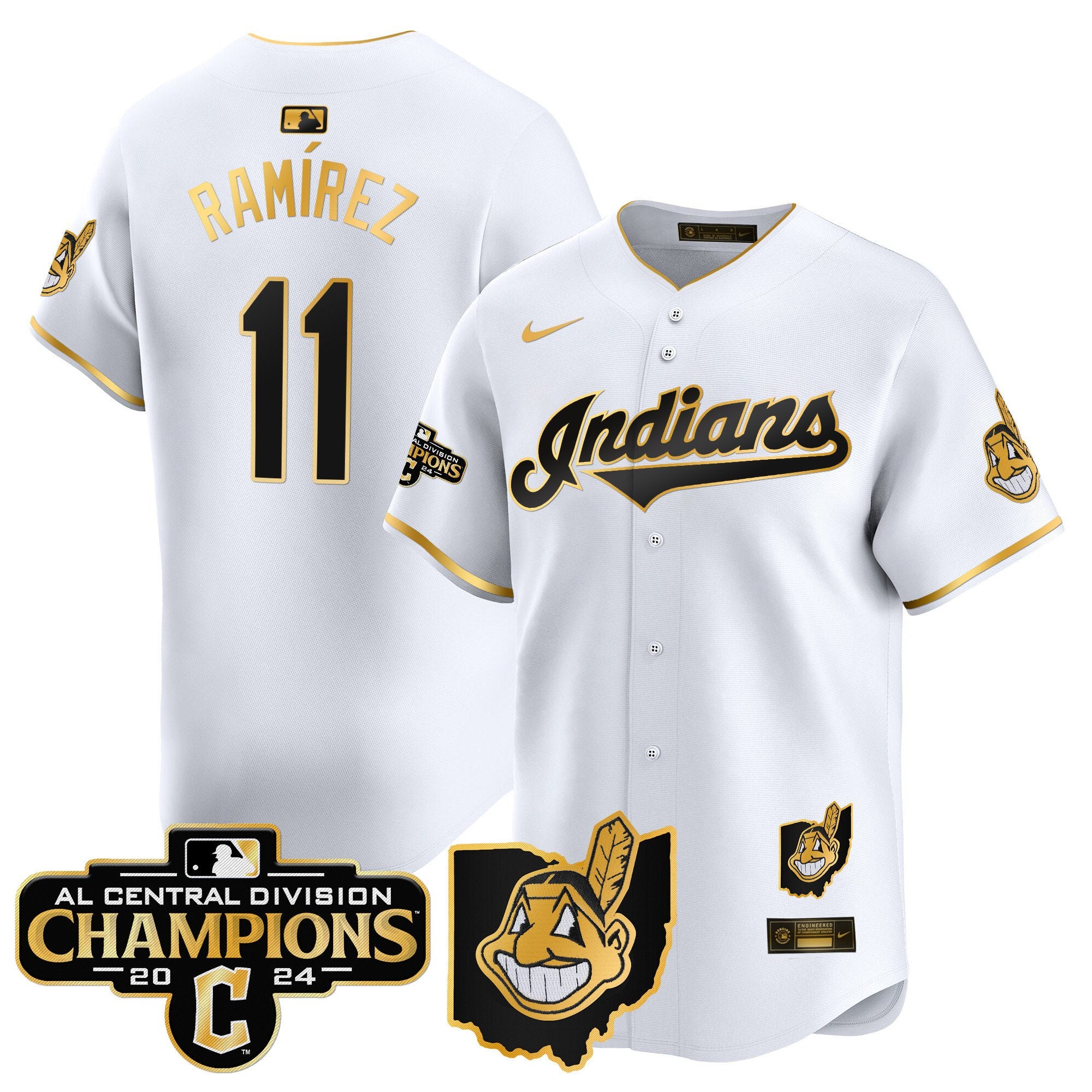 Men's Cleveland Indians 2024 AL Central Division Champions Vapor Premier Limited Jersey - All Stitched - White Gold, José Ramírez