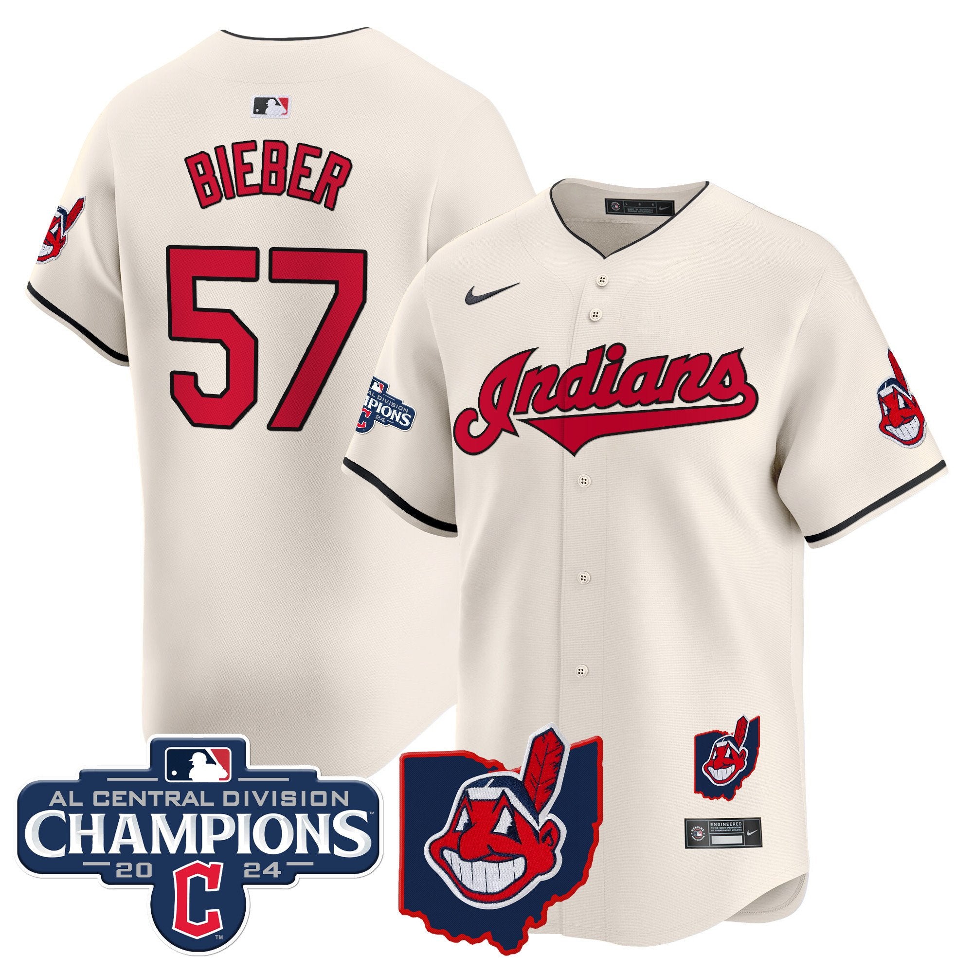 Men's Cleveland Indians 2024 AL Central Division Champions Vapor Premier Limited Jersey - All Stitched - Cream, Shane Bieber