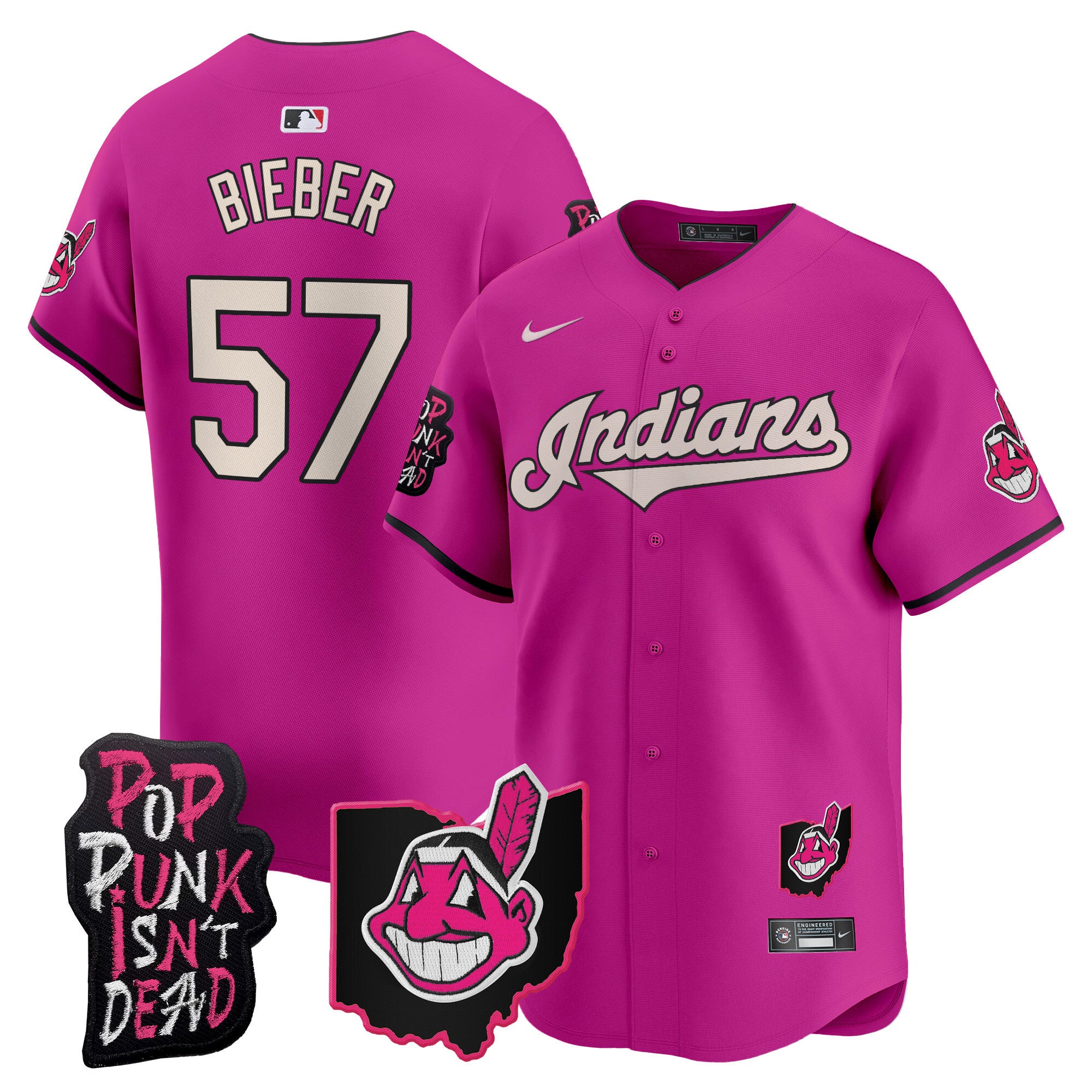 Men's Cleveland Indians MGK Patch Vapor Premier Limited Jersey - All Stitched - Pink, Shane Bieber
