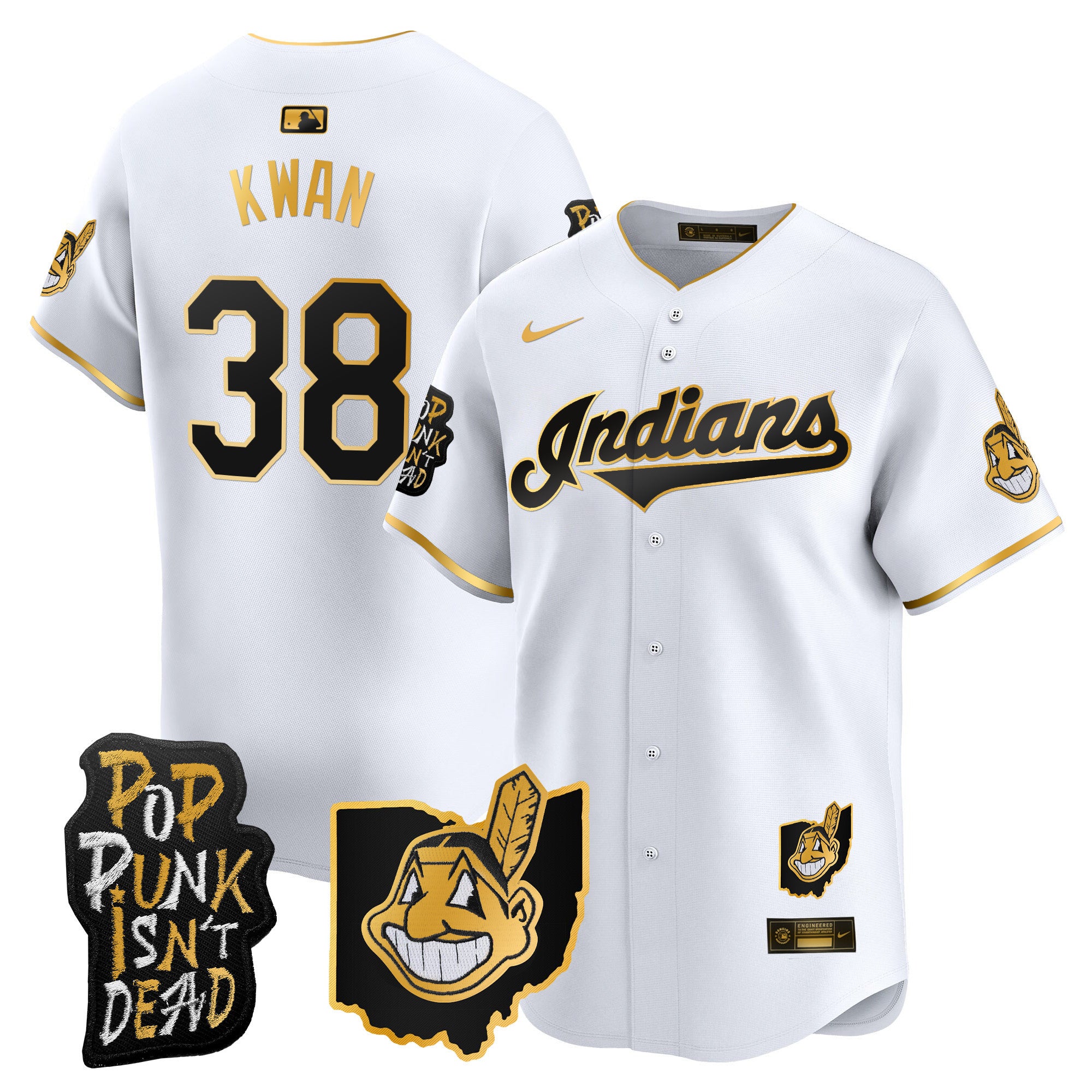 Men's Cleveland Indians MGK Patch Vapor Premier Limited Jersey - All Stitched - White Gold, Steven Kwan