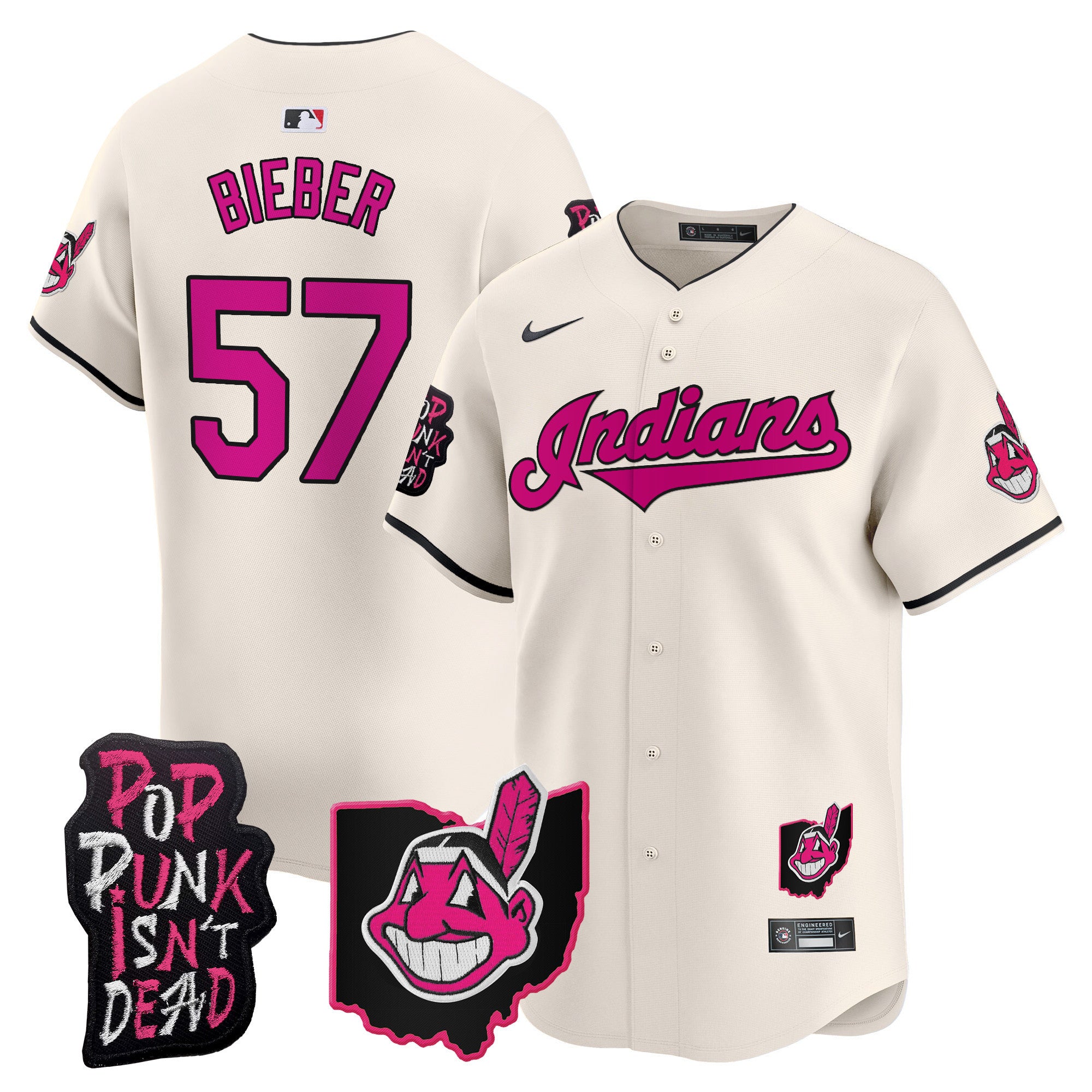 Men's Cleveland Indians MGK Patch Vapor Premier Limited Jersey - All Stitched - Cream, Shane Bieber