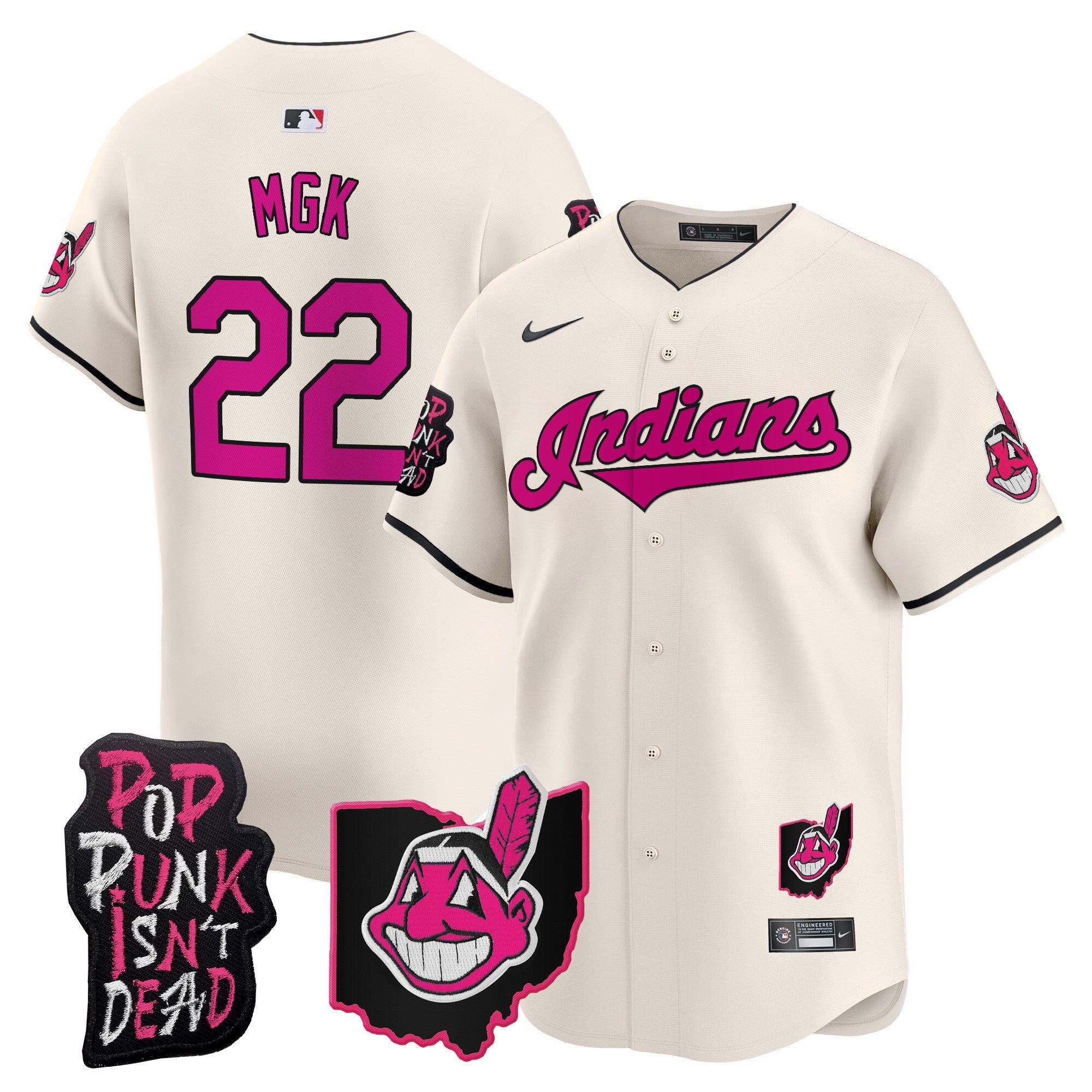Men's Cleveland Indians MGK Patch Vapor Premier Limited Jersey - All Stitched - Cream, MGK