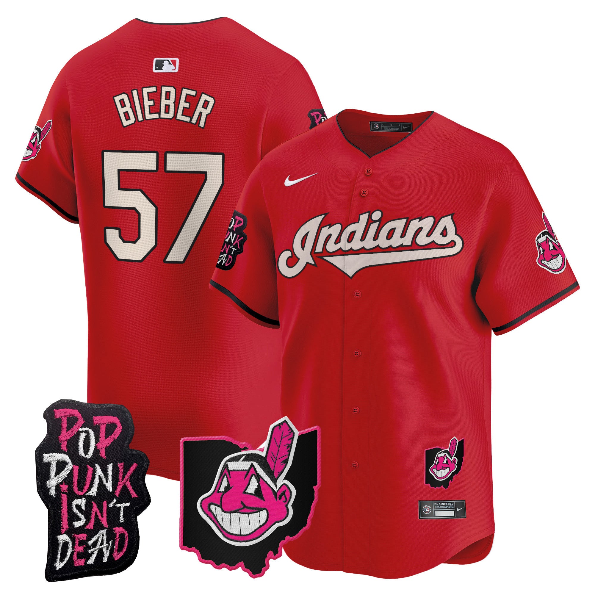 Men's Cleveland Indians MGK Patch Vapor Premier Limited Jersey - All Stitched - Red, Shane Bieber