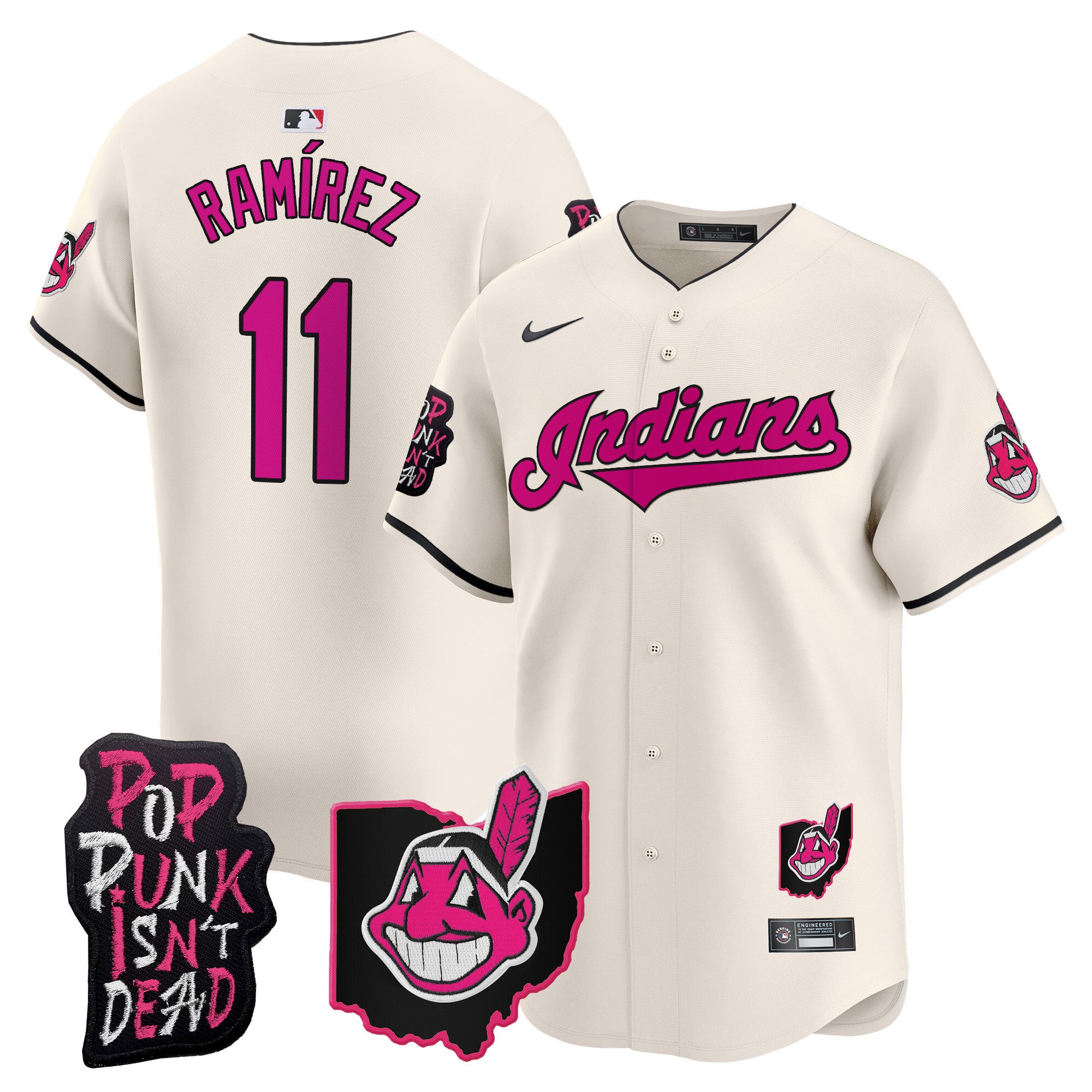 Men's Cleveland Indians MGK Patch Vapor Premier Limited Jersey - All Stitched - Cream, José Ramírez