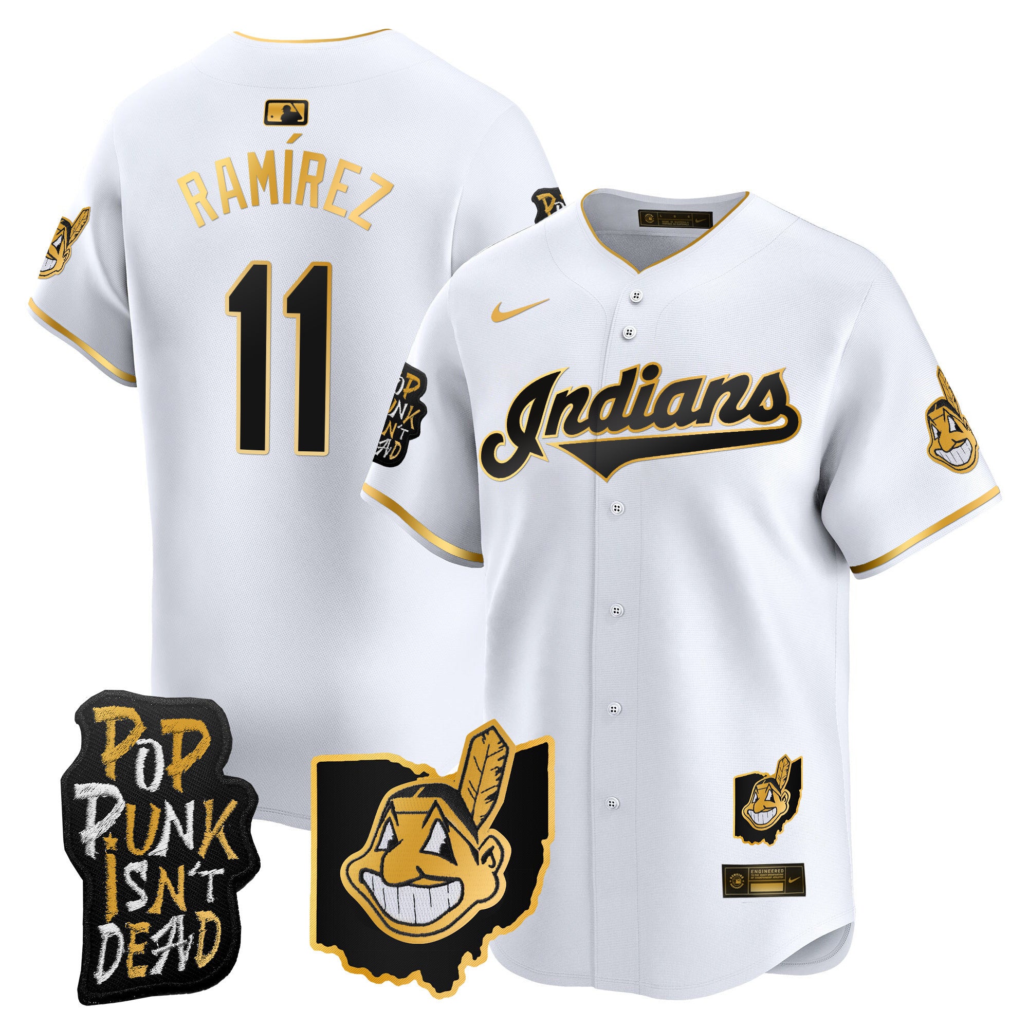 Men's Cleveland Indians MGK Patch Vapor Premier Limited Jersey - All Stitched - White Gold, José Ramírez
