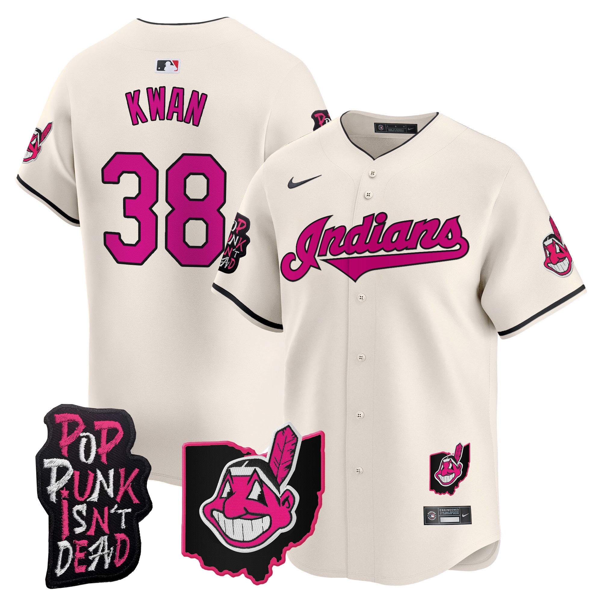 Men's Cleveland Indians MGK Patch Vapor Premier Limited Jersey - All Stitched - Cream, Steven Kwan