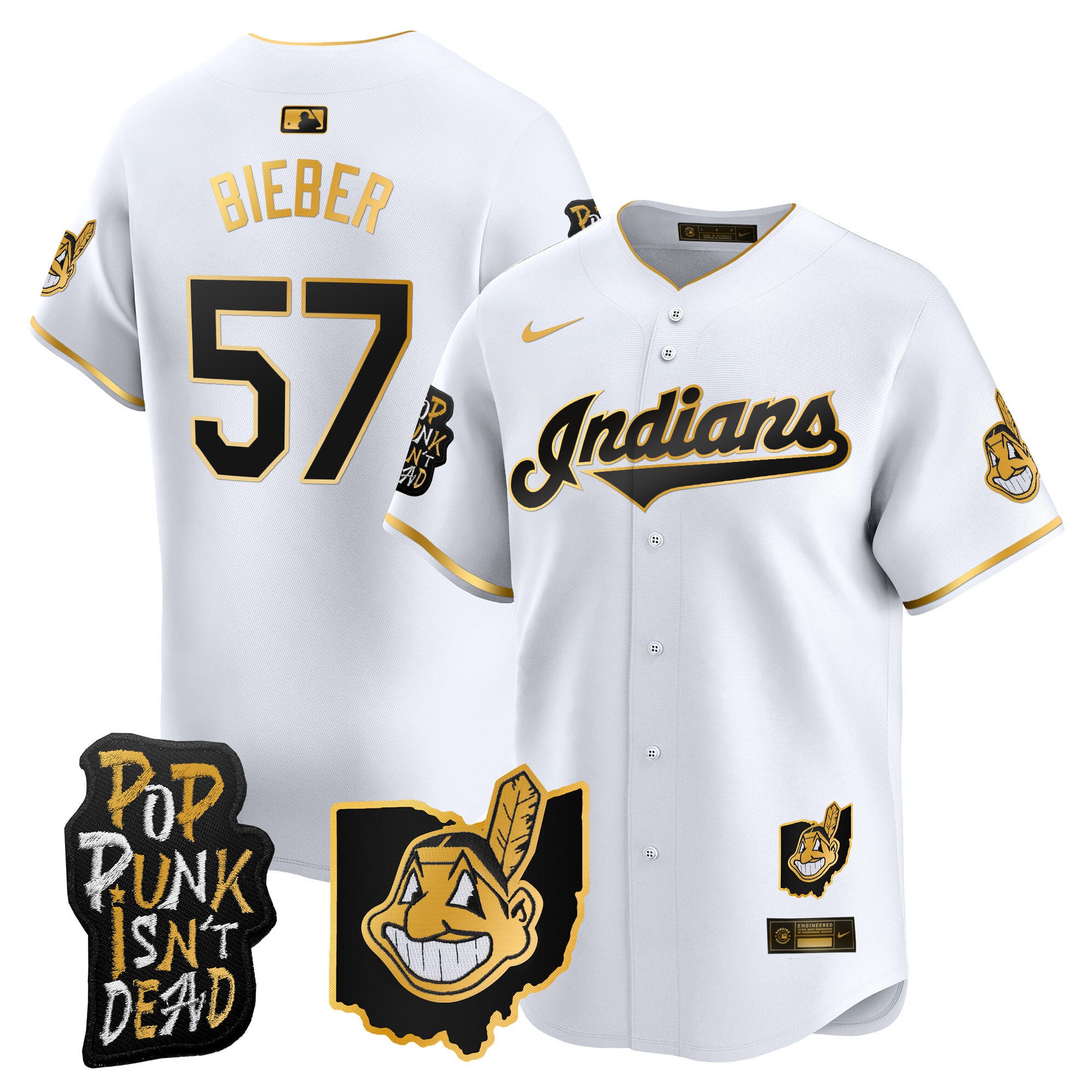 Men's Cleveland Indians MGK Patch Vapor Premier Limited Jersey - All Stitched - White Gold, Shane Bieber