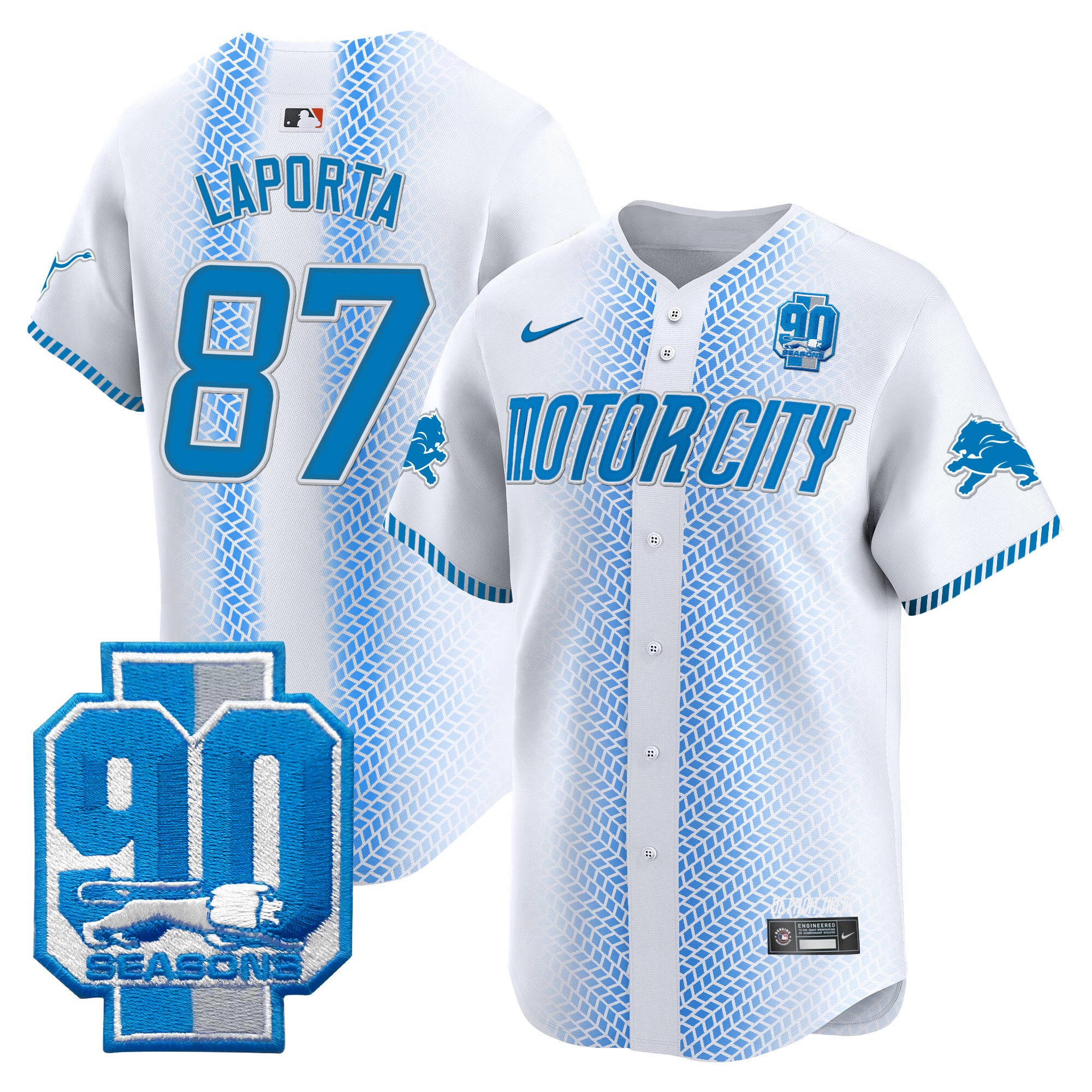 Men's Detroit Lions 90th Year Patch Vapor Premier Limited Jersey - All Stitched - White, Sam Laporta