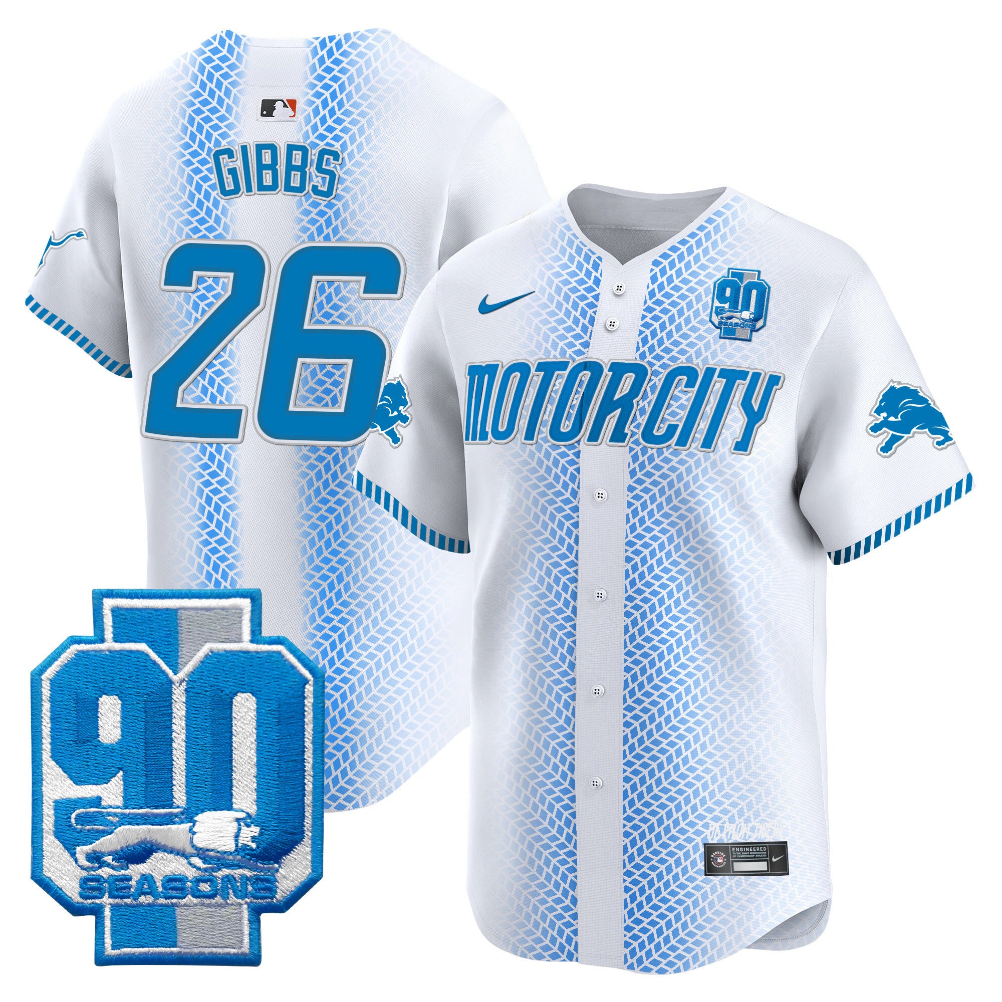 Men's Detroit Lions 90th Year Patch Vapor Premier Limited Jersey - All Stitched - White, Jahmyr Gibbs