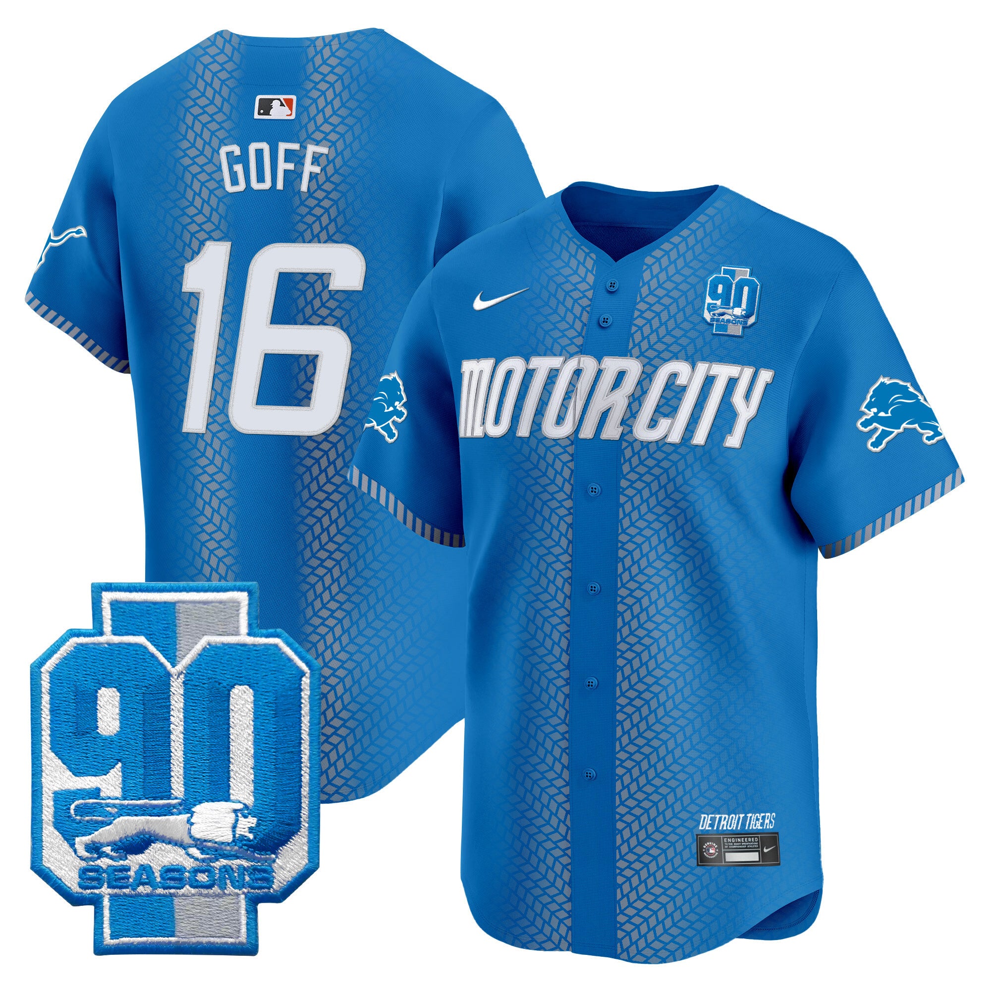 Men's Detroit Lions 90th Year Patch Vapor Premier Limited Jersey - All Stitched - Blue, Jared Goff