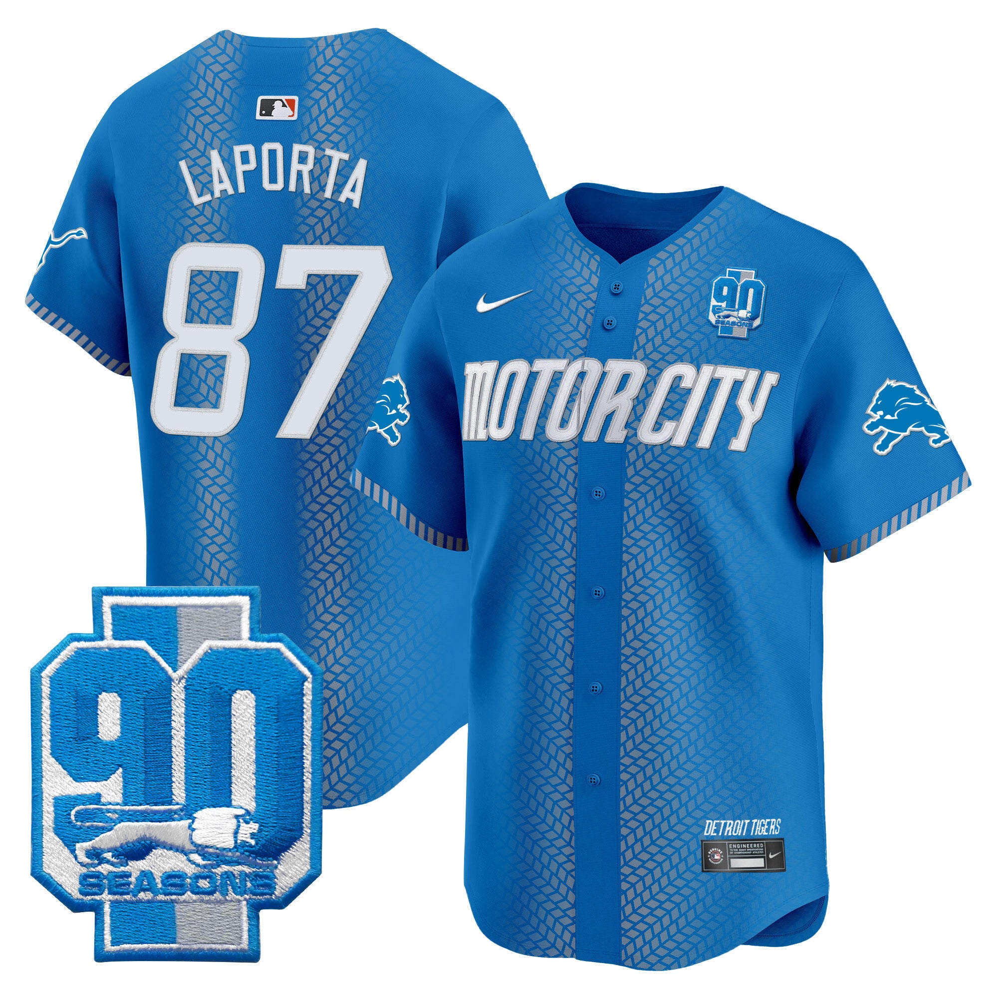 Men's Detroit Lions 90th Year Patch Vapor Premier Limited Jersey - All Stitched - Blue, Sam Laporta