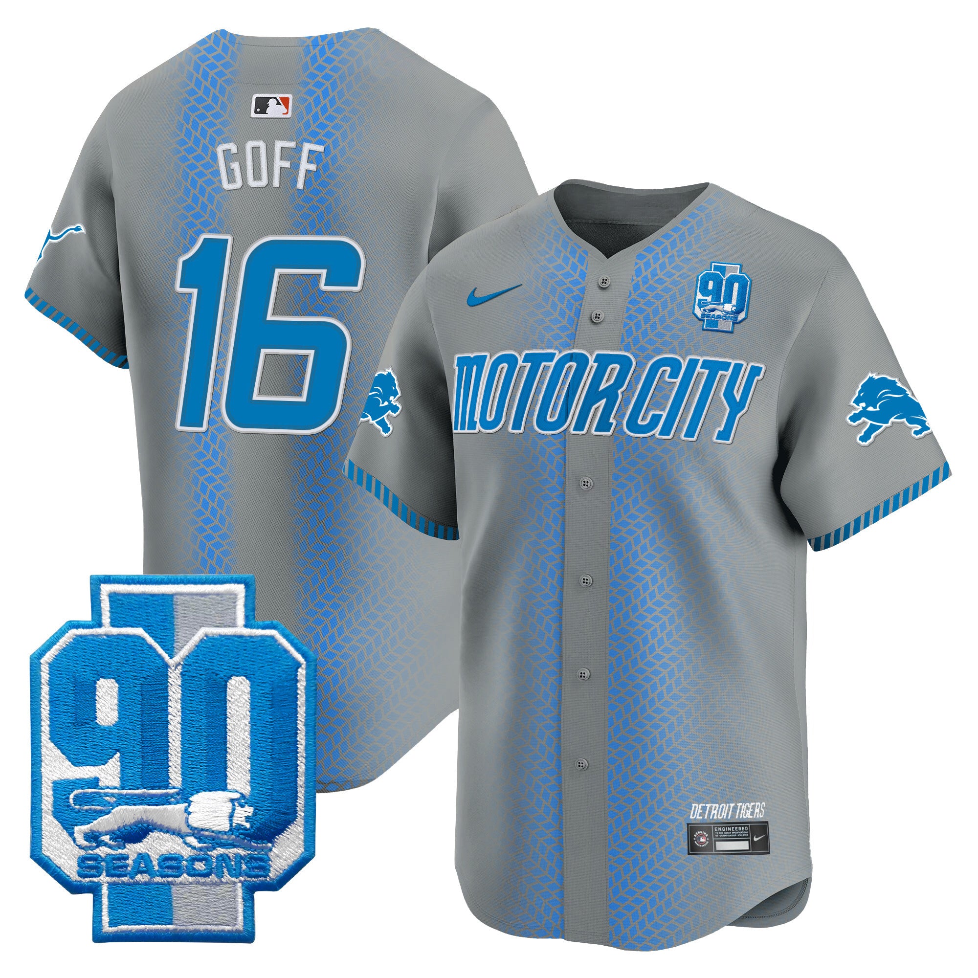 Men's Detroit Lions 90th Year Patch Vapor Premier Limited Jersey - All Stitched - Gray, Jared Goff