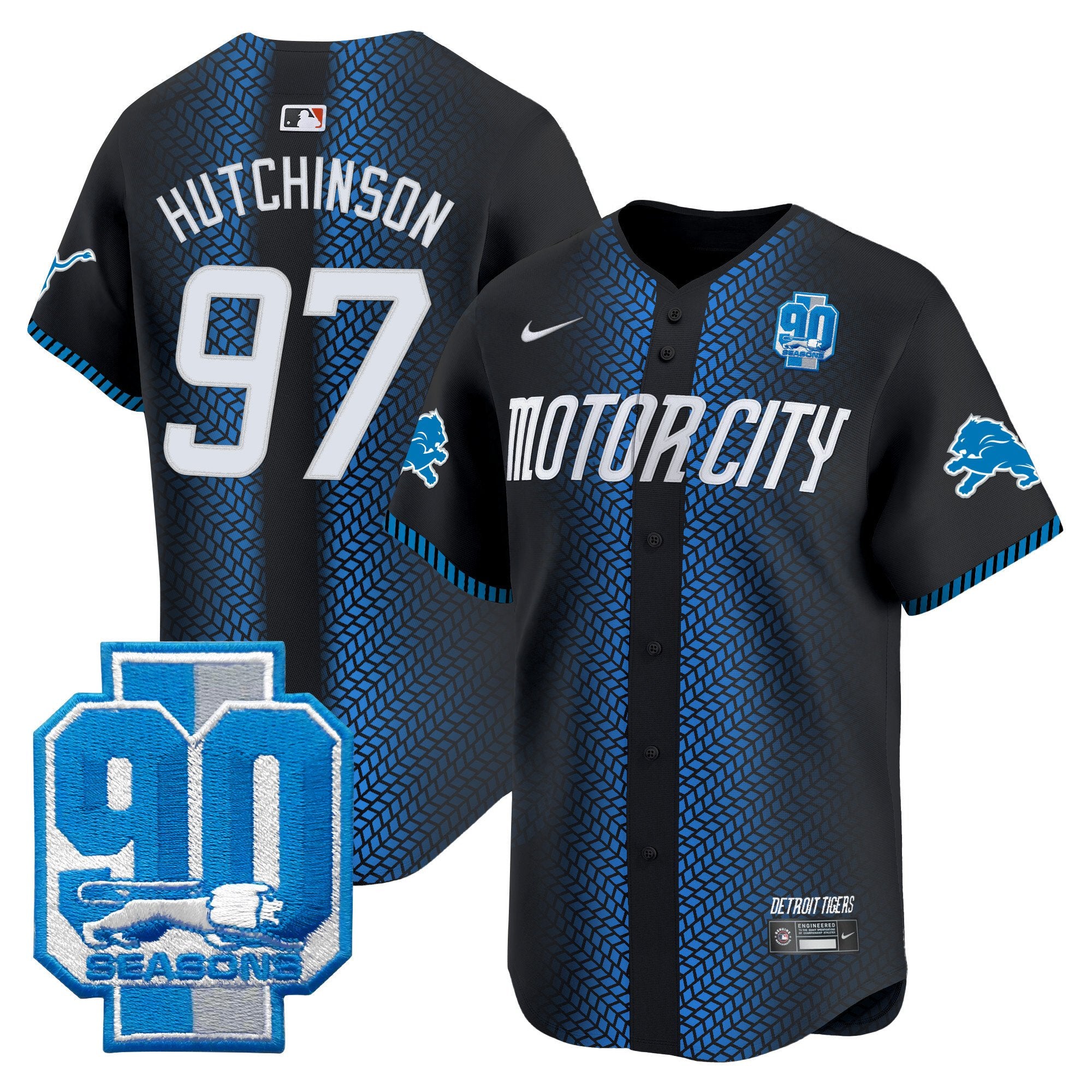 Men's Detroit Lions 90th Year Patch Vapor Premier Limited Jersey - All Stitched - Black, Hutchinson