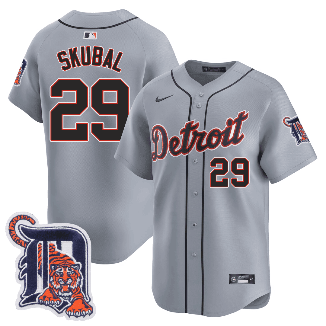 Men's Detroit Tigers Logo Patch Baseball Jersey - All Stitched - Cool Grey, Tarik Skubal