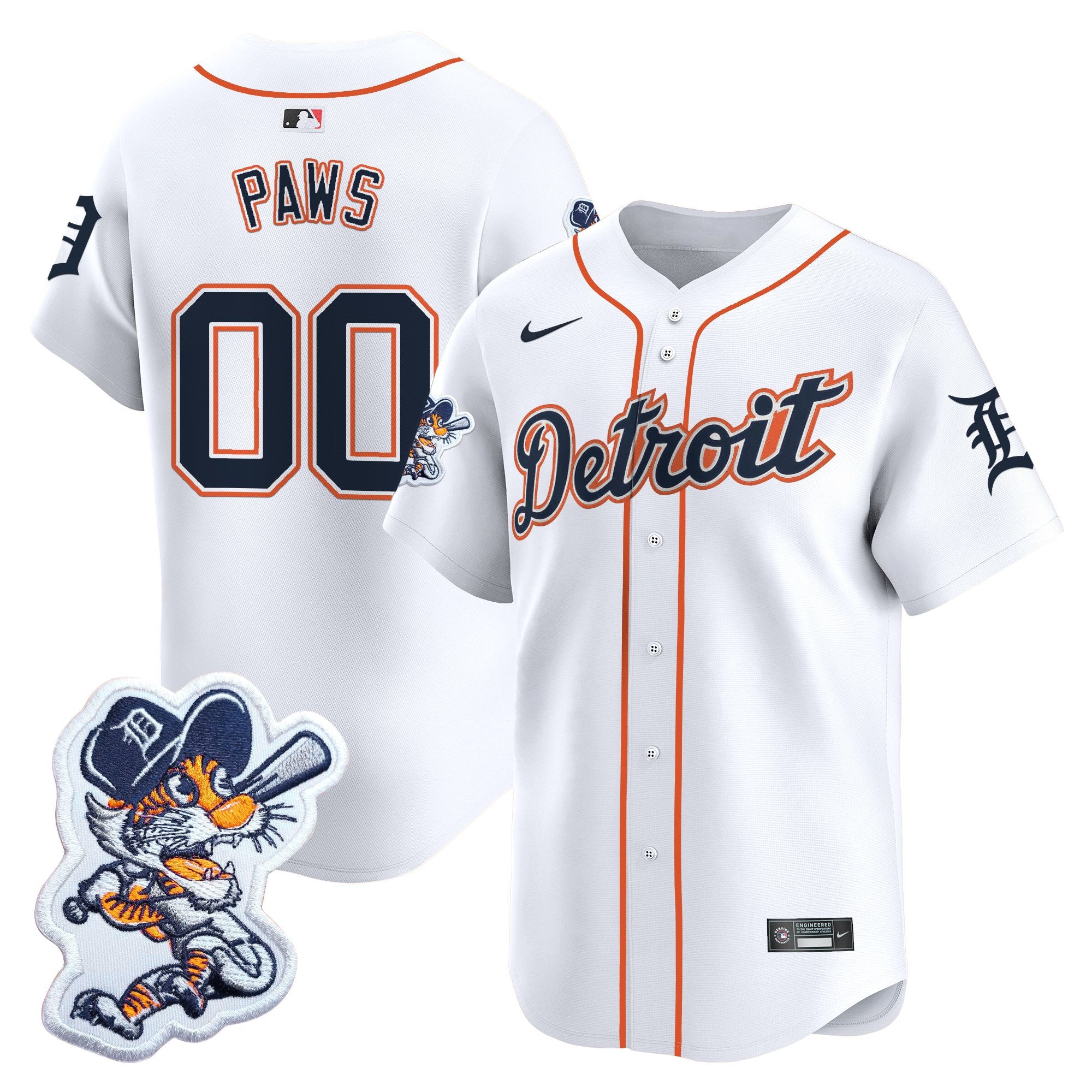 Men's Detroit Tigers Paws Patch Vapor Premier Limited Jersey - All Stitched - White, Paws