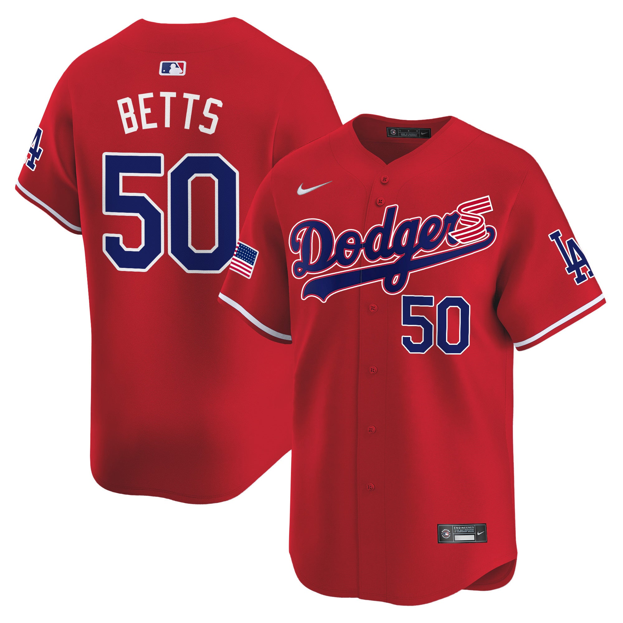 Men's Dodgers 2024 Independence Day Vapor Premier Limited Jersey - All Stitched - Red, Mookie Betts