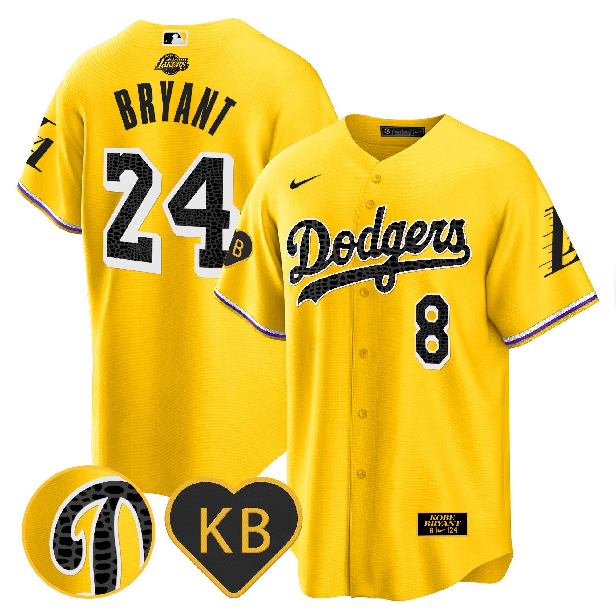 Men's Dodgers 2024 Mamba Baseball Jersey - All Stitched - Gold, Kobe Bryant