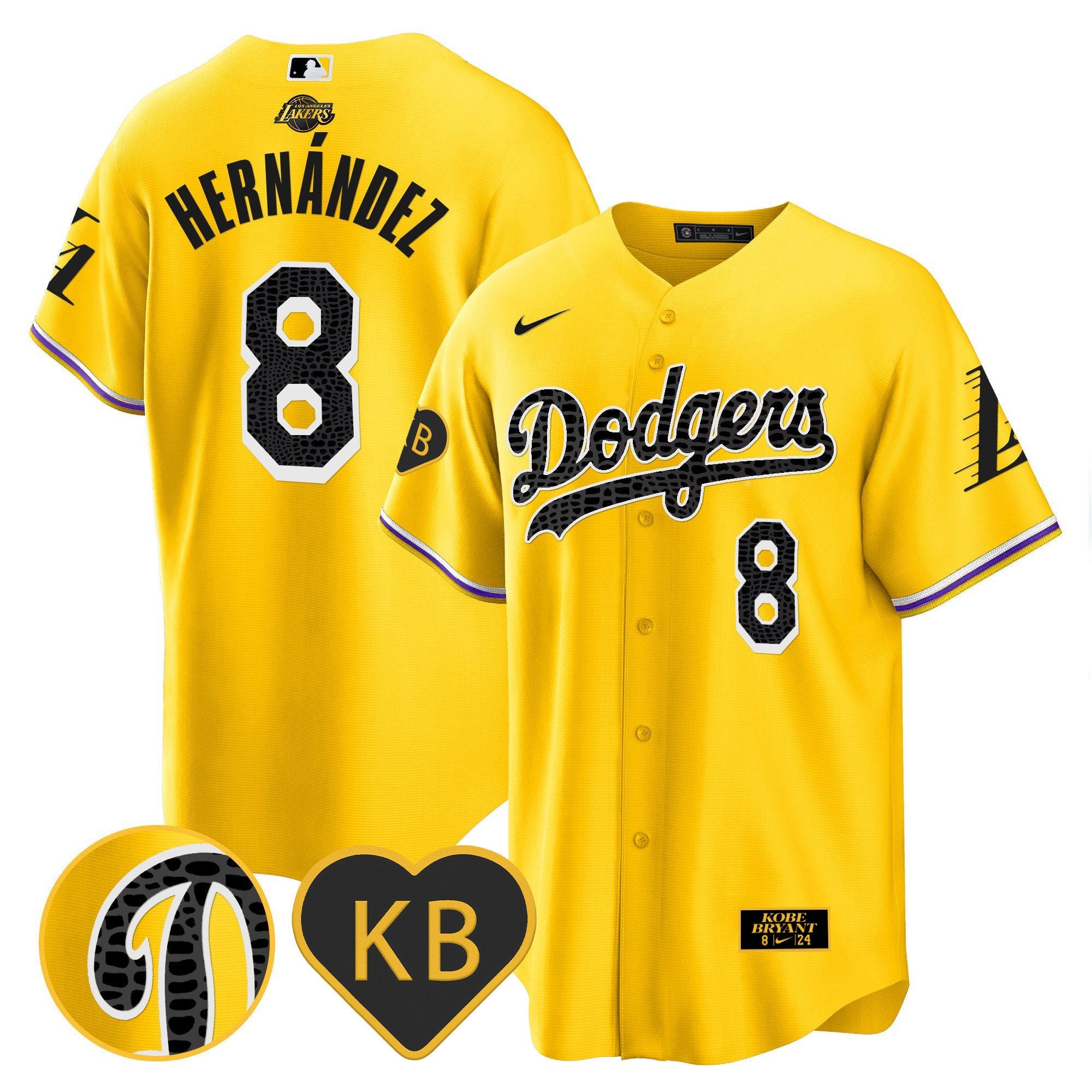 Men's Dodgers 2024 Mamba Baseball Jersey - All Stitched - Gold, Kike Hernandez