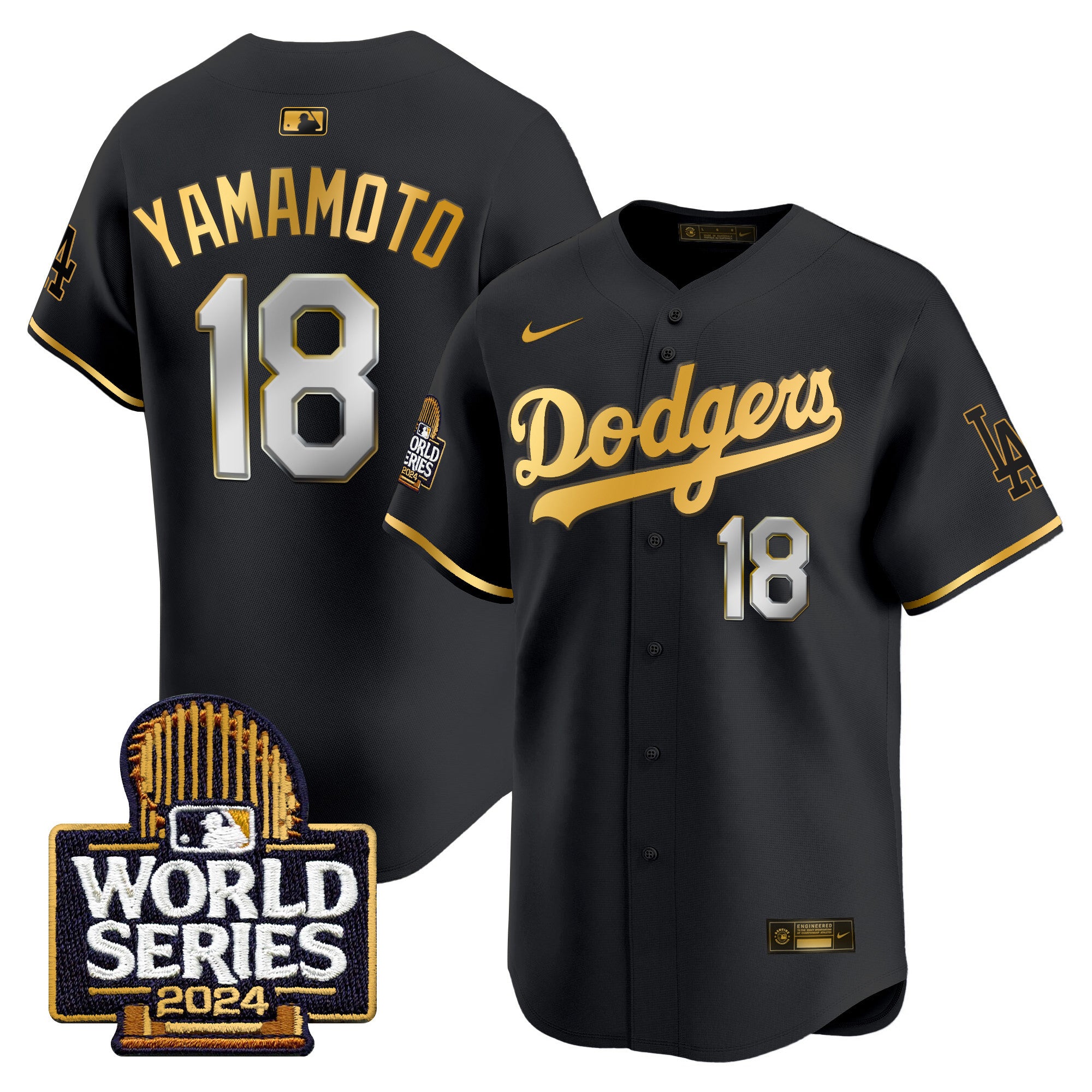 Men's Dodgers 2024 World Series Vapor Premier Limited Jersey - All Stitched - Black Gold, Yamamoto