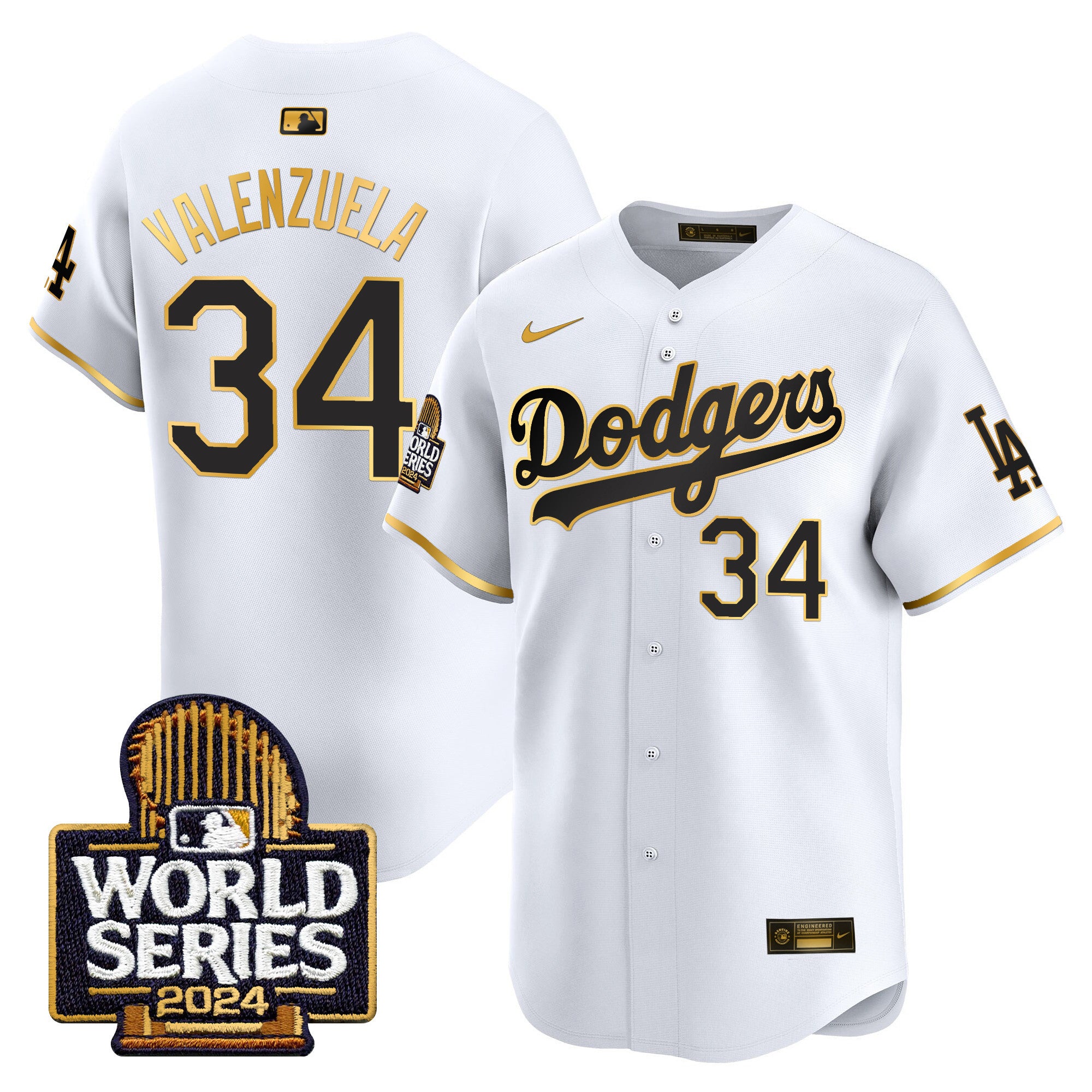 Men's Dodgers 2024 World Series Vapor Premier Limited Jersey - All Stitched - White Gold, Fernando Valenzuela