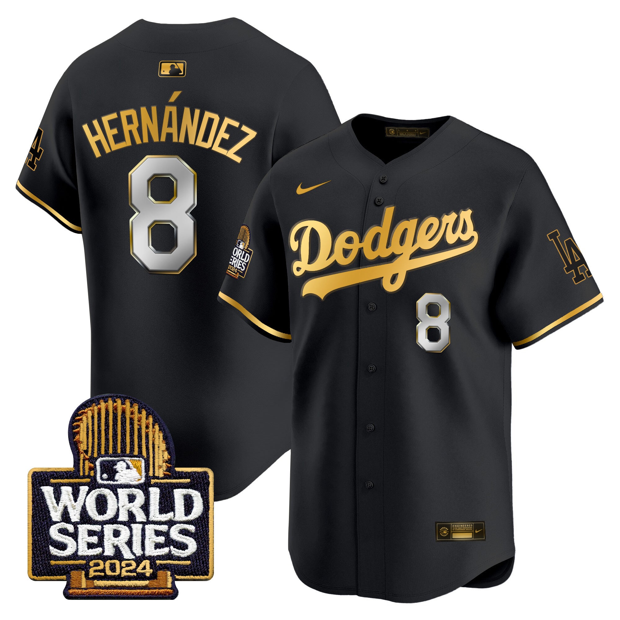 Men's Dodgers 2024 World Series Vapor Premier Limited Jersey - All Stitched - Black Gold, Kike Hernandez