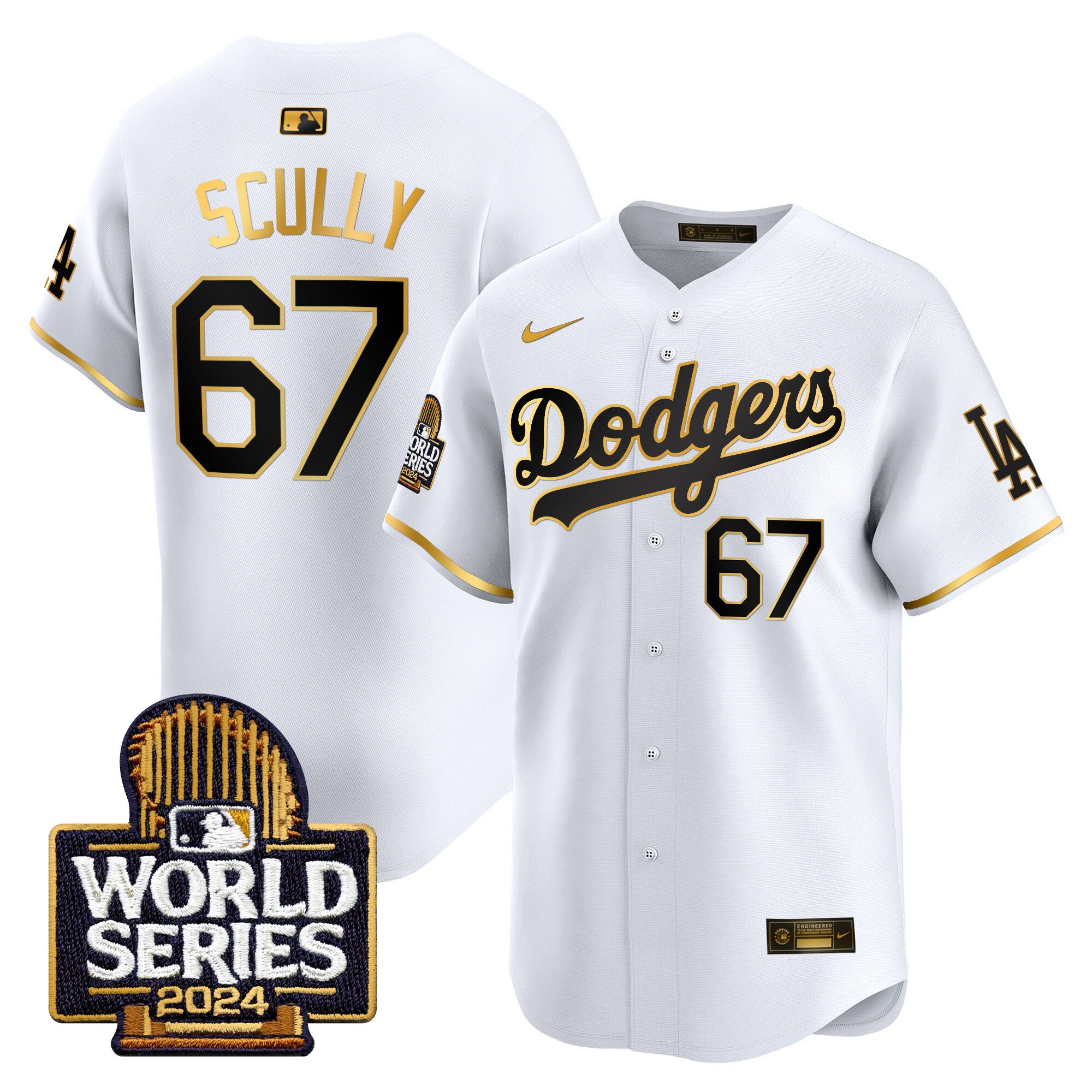 Men's Dodgers 2024 World Series Vapor Premier Limited Jersey - All Stitched - White Gold, Vin Scully