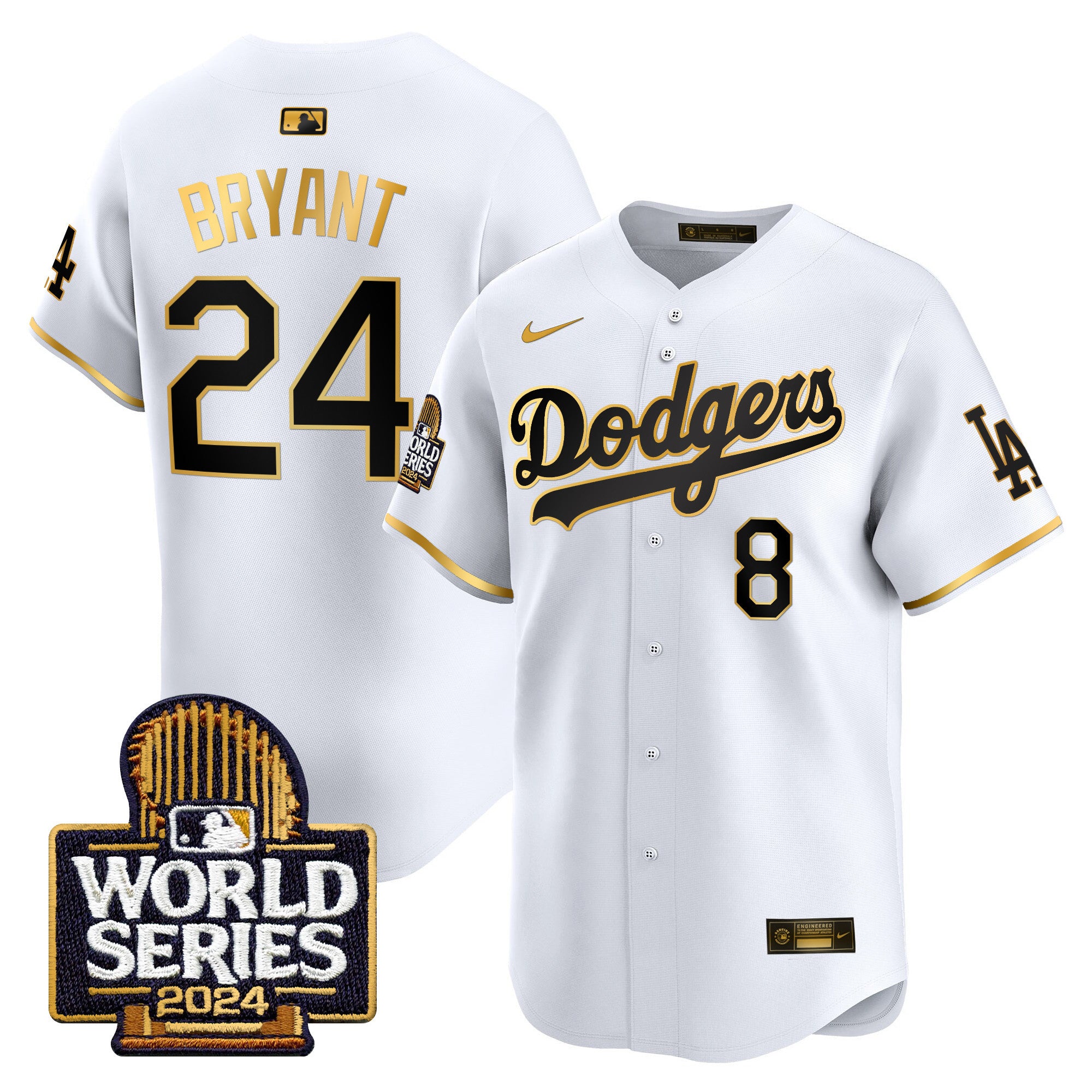 Men's Dodgers 2024 World Series Vapor Premier Limited Jersey - All Stitched - White Gold, Kobe Bryant