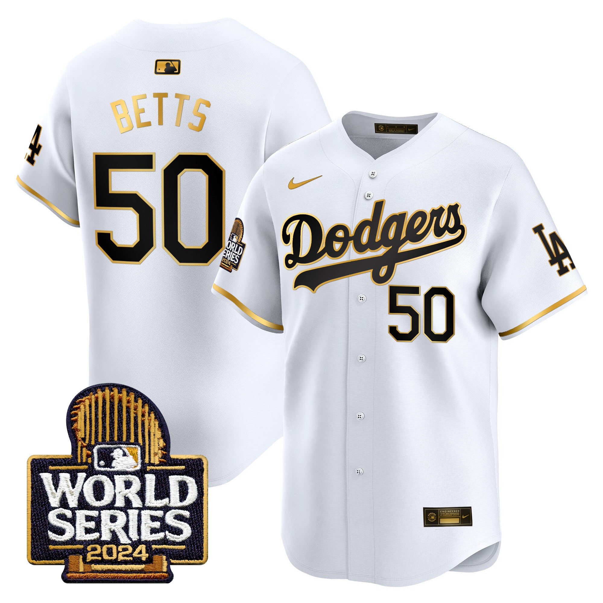 Men's Dodgers 2024 World Series Vapor Premier Limited Jersey - All Stitched - White Gold, Mookie Betts