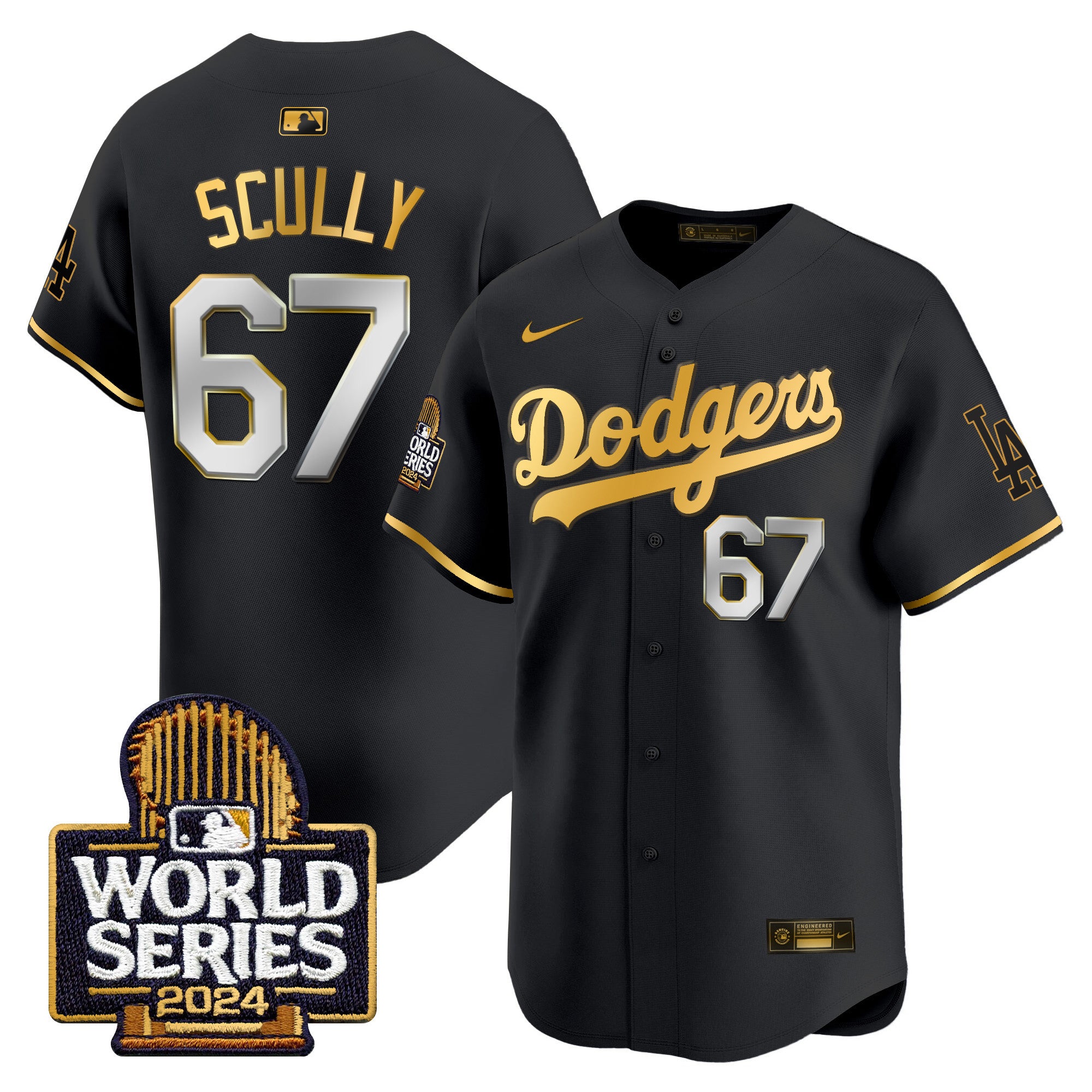 Men's Dodgers 2024 World Series Vapor Premier Limited Jersey - All Stitched - Black Gold, Vin Scully