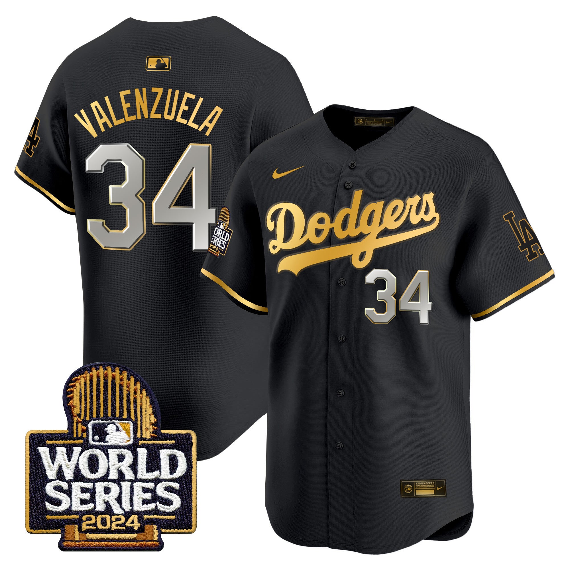 Men's Dodgers 2024 World Series Vapor Premier Limited Jersey - All Stitched - Black Gold, Fernando Valenzuela
