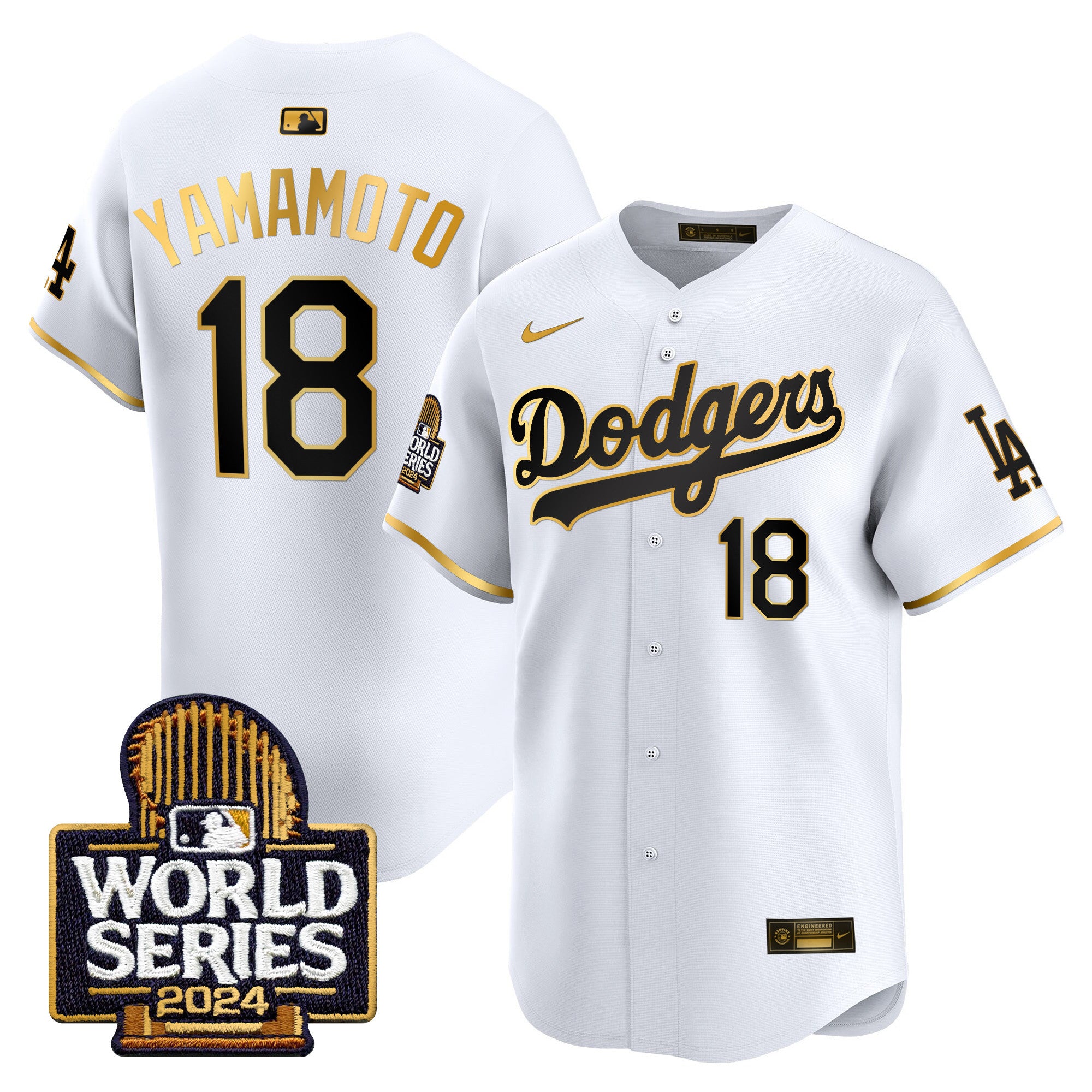 Men's Dodgers 2024 World Series Vapor Premier Limited Jersey - All Stitched - White Gold, Yamamoto