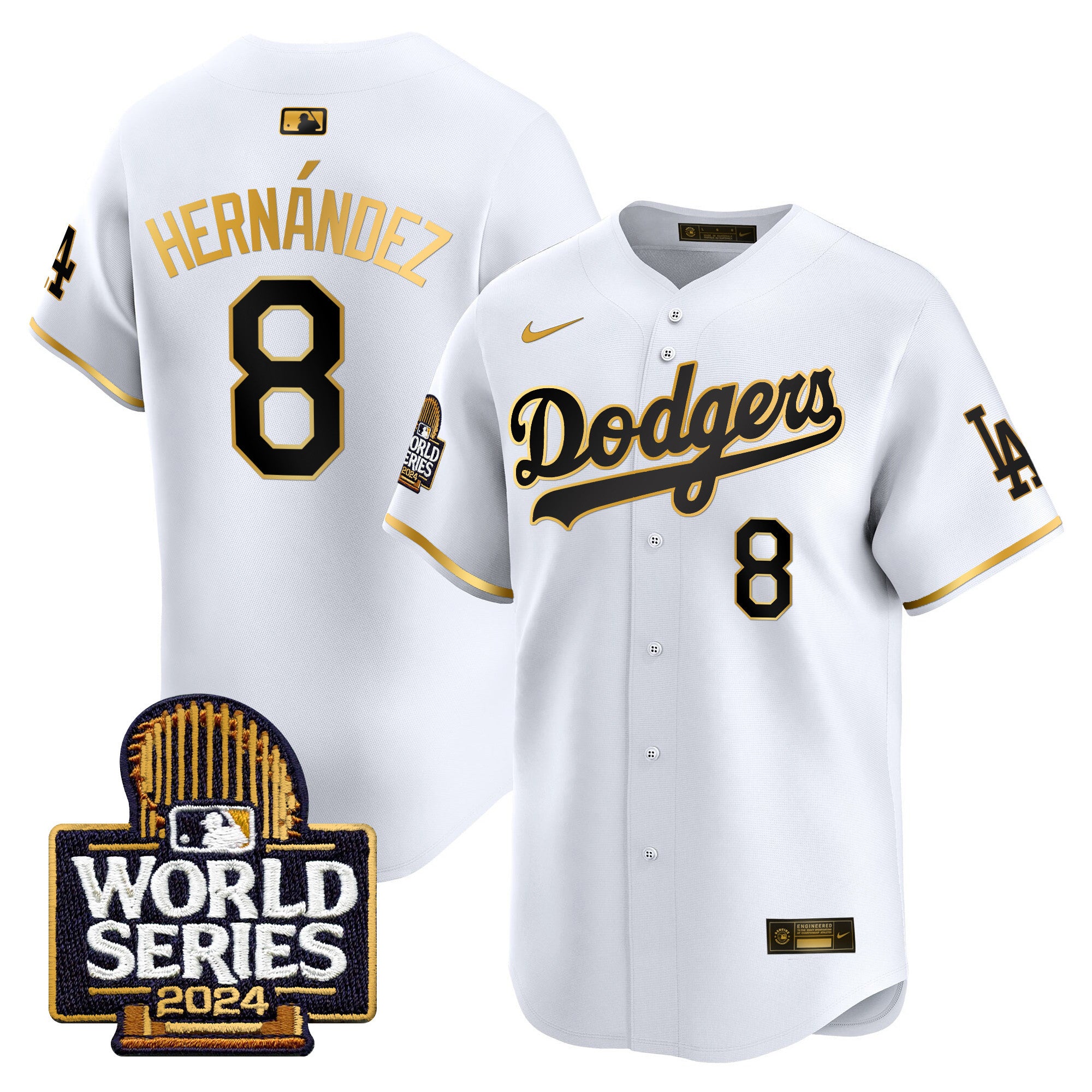Men's Dodgers 2024 World Series Vapor Premier Limited Jersey - All Stitched - White Gold, Kike Hernandez