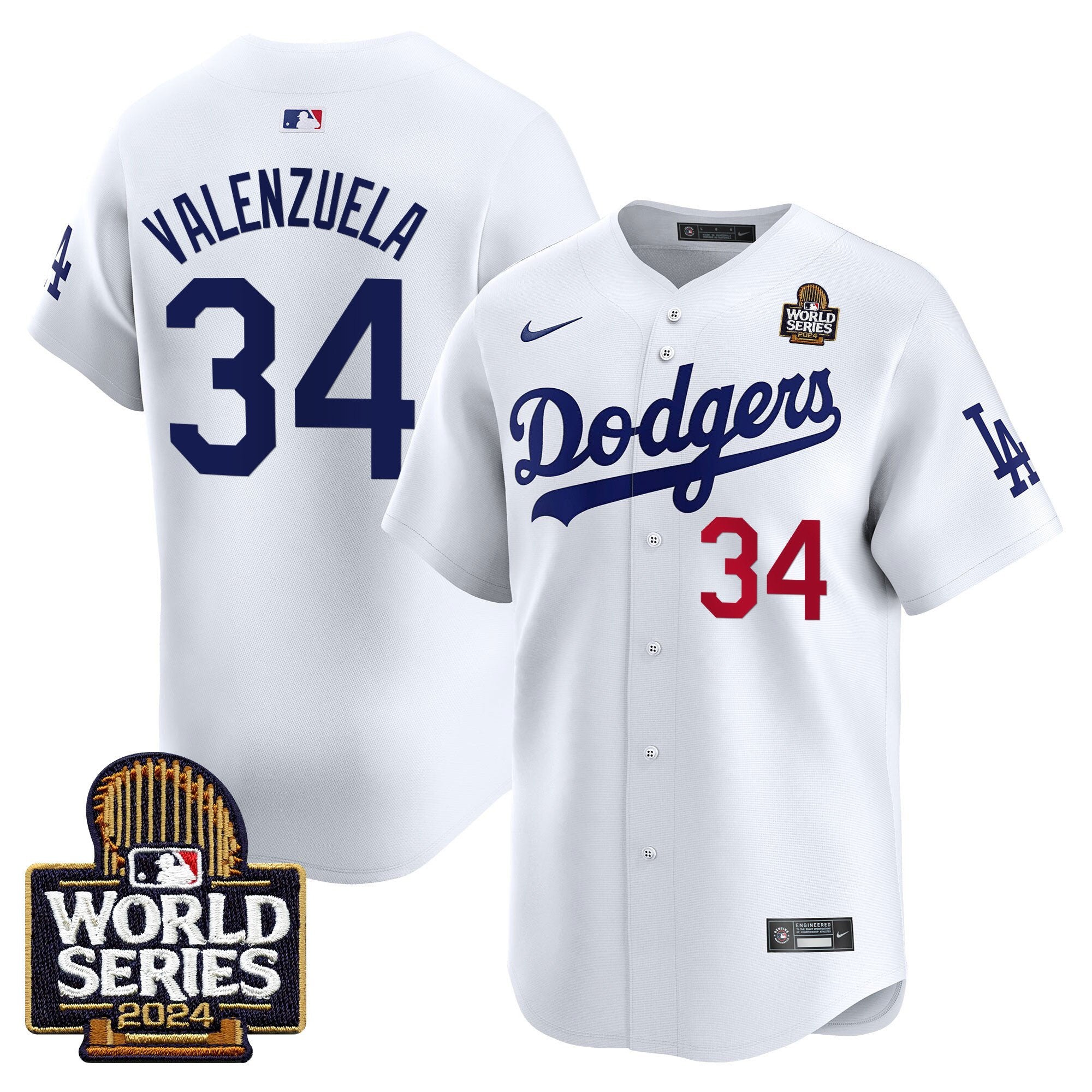 Men's Dodgers 2024 World Series Vapor Premier Limited Jersey V2 - All Stitched - White, Fernando Valenzuela