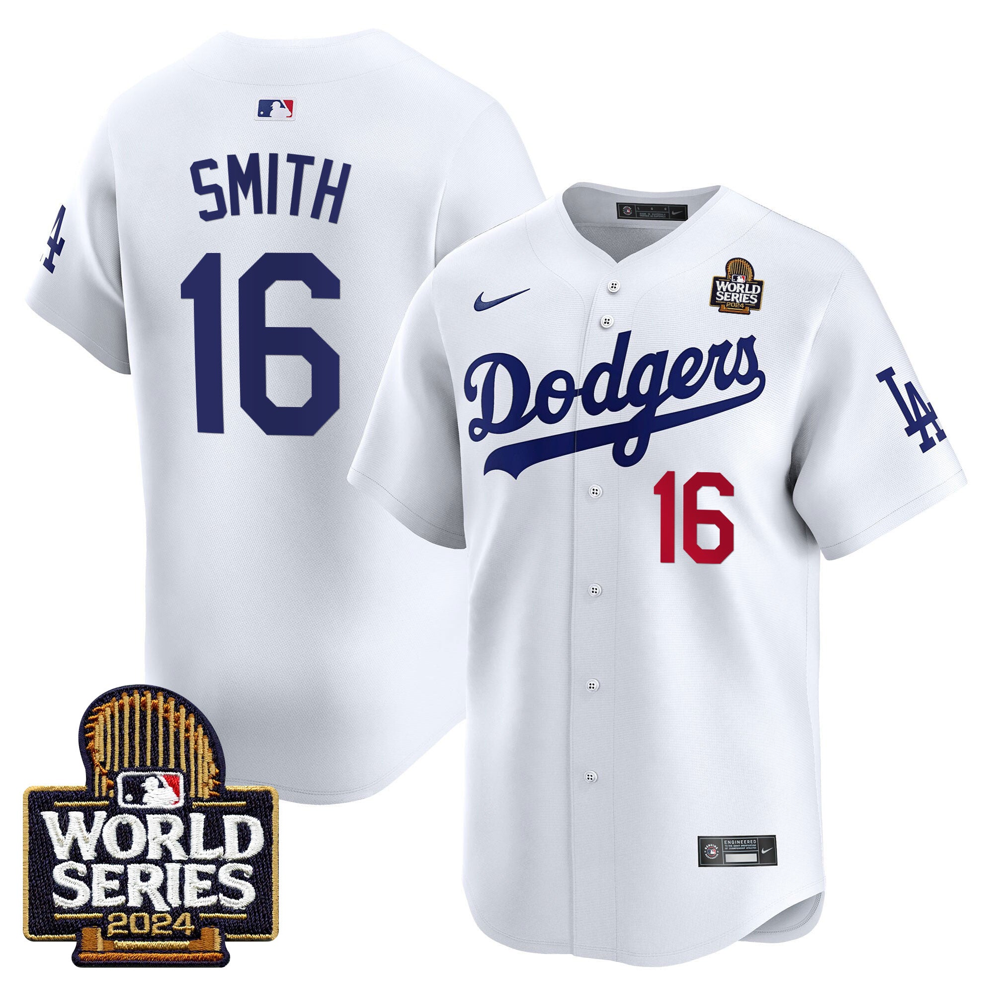 Men's Dodgers 2024 World Series Vapor Premier Limited Jersey V2 - All Stitched - White, Will Smith