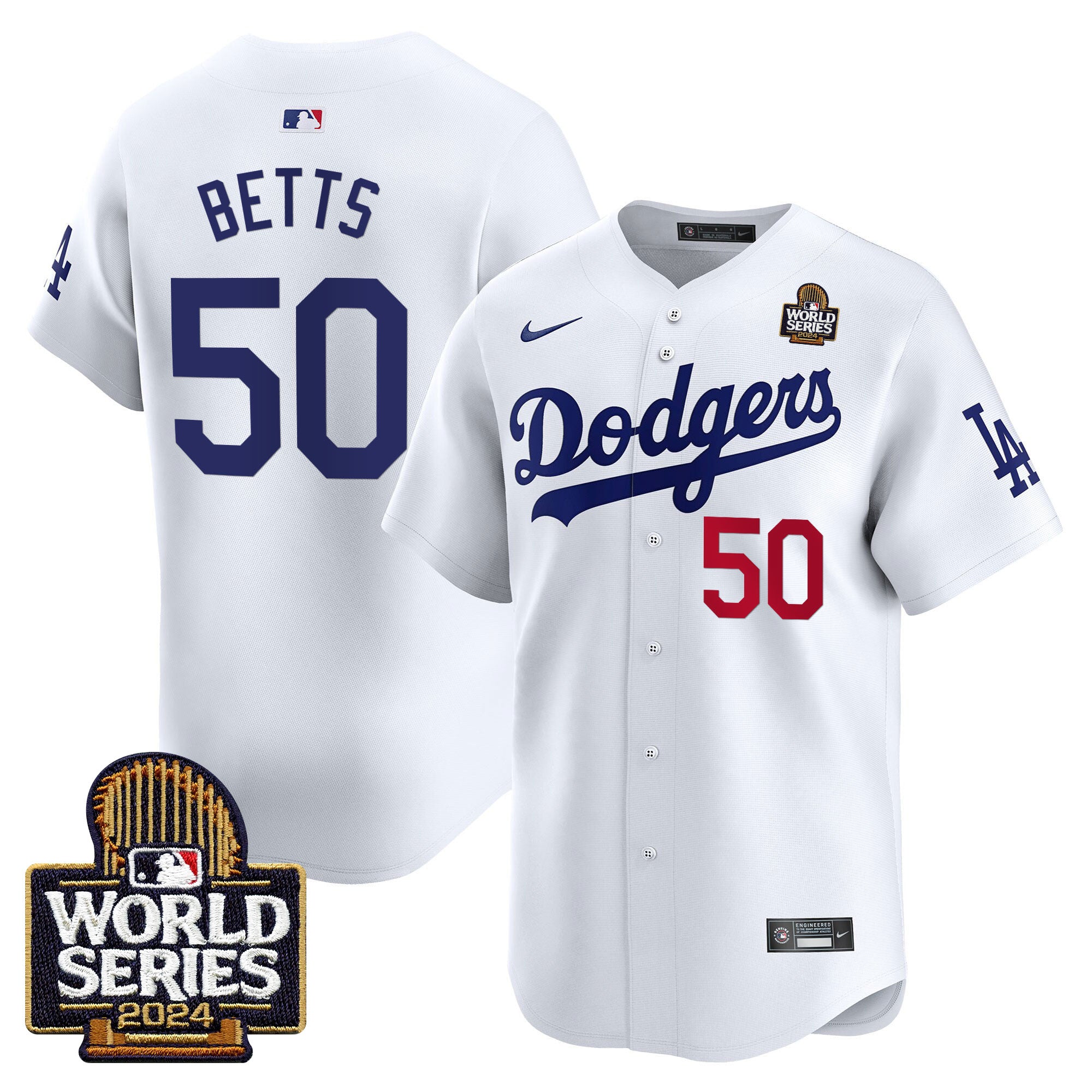 Men's Dodgers 2024 World Series Vapor Premier Limited Jersey V2 - All Stitched - White, Mookie Betts