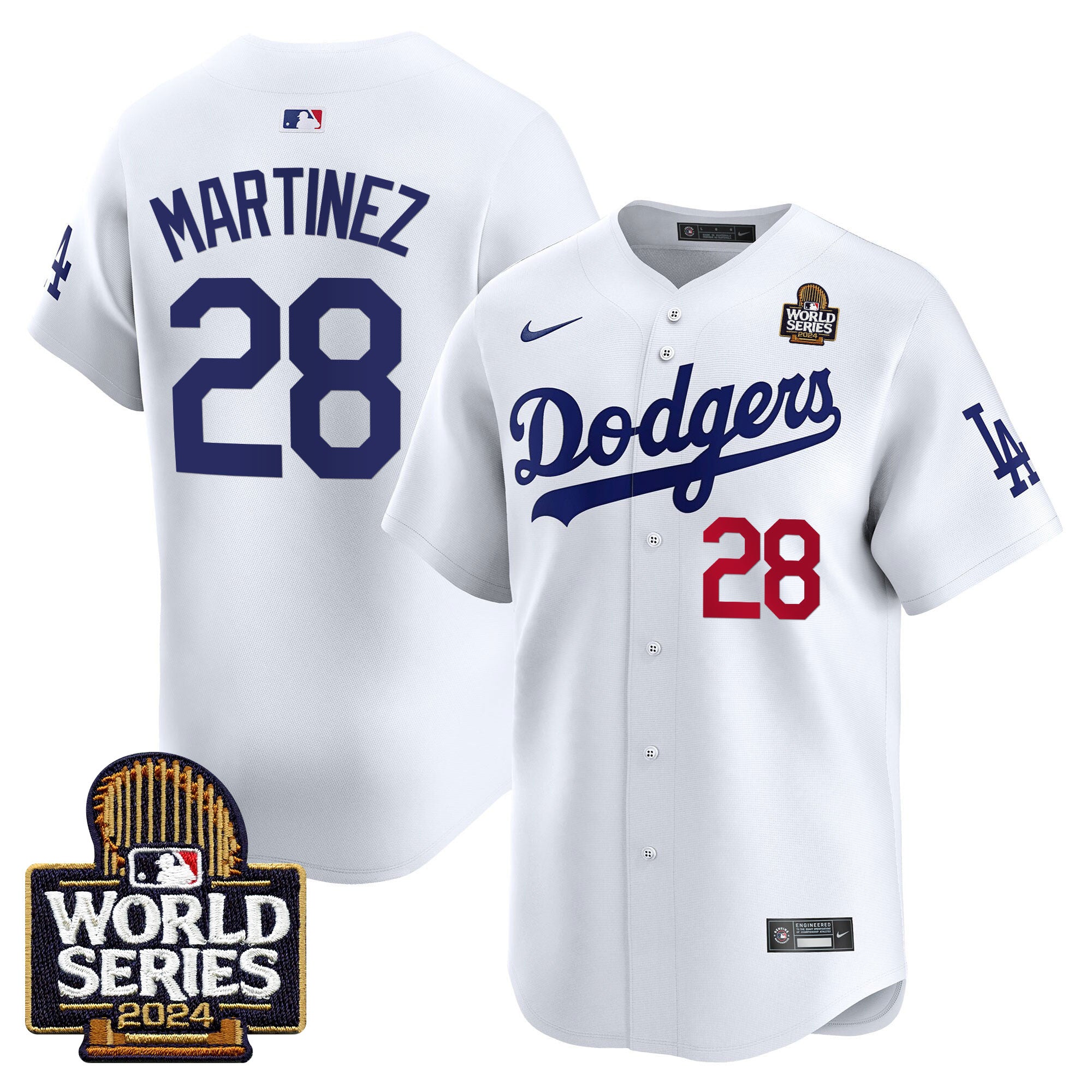 Men's Dodgers 2024 World Series Vapor Premier Limited Jersey V2 - All Stitched - White, J.D. Martinez