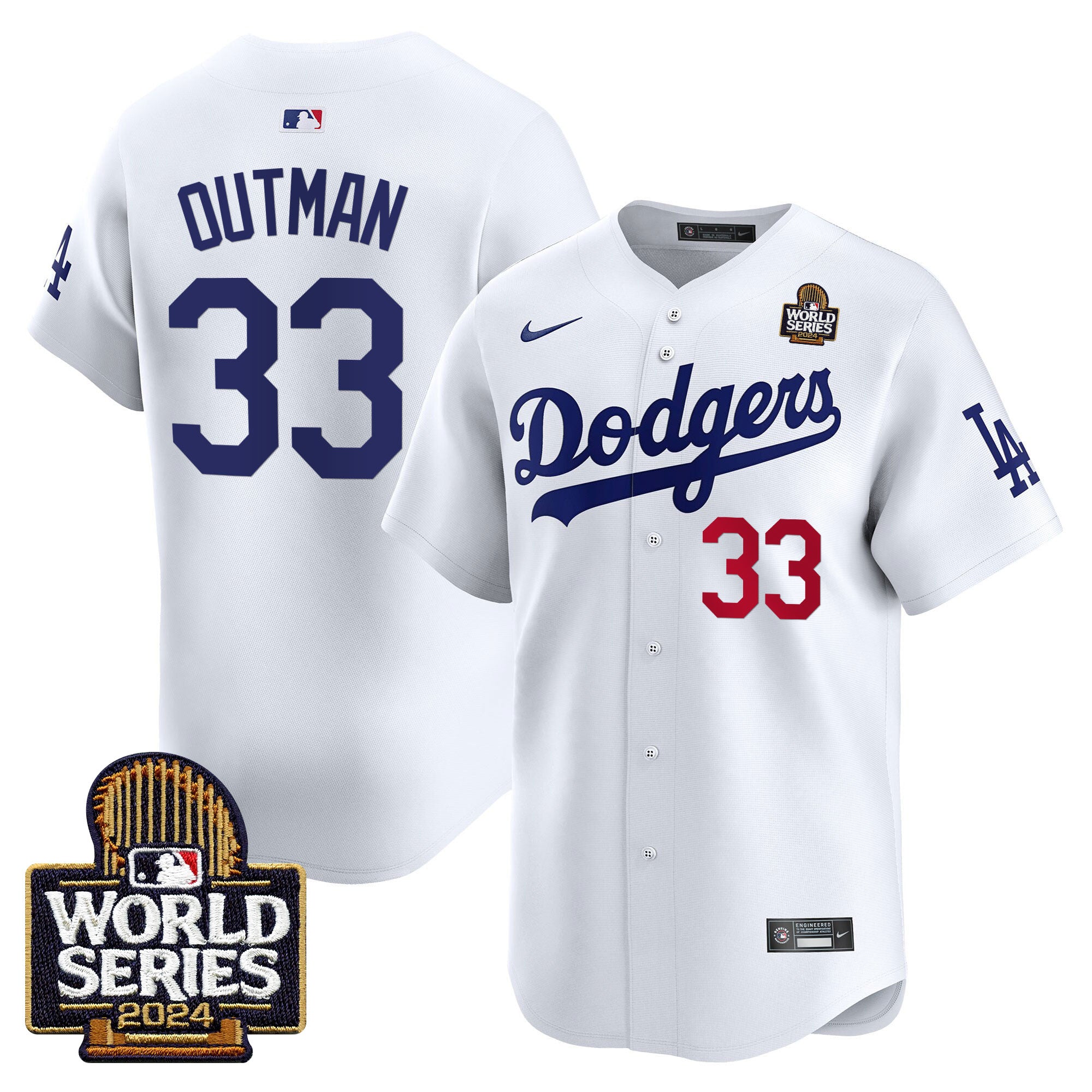 Men's Dodgers 2024 World Series Vapor Premier Limited Jersey V2 - All Stitched - White, James Outman