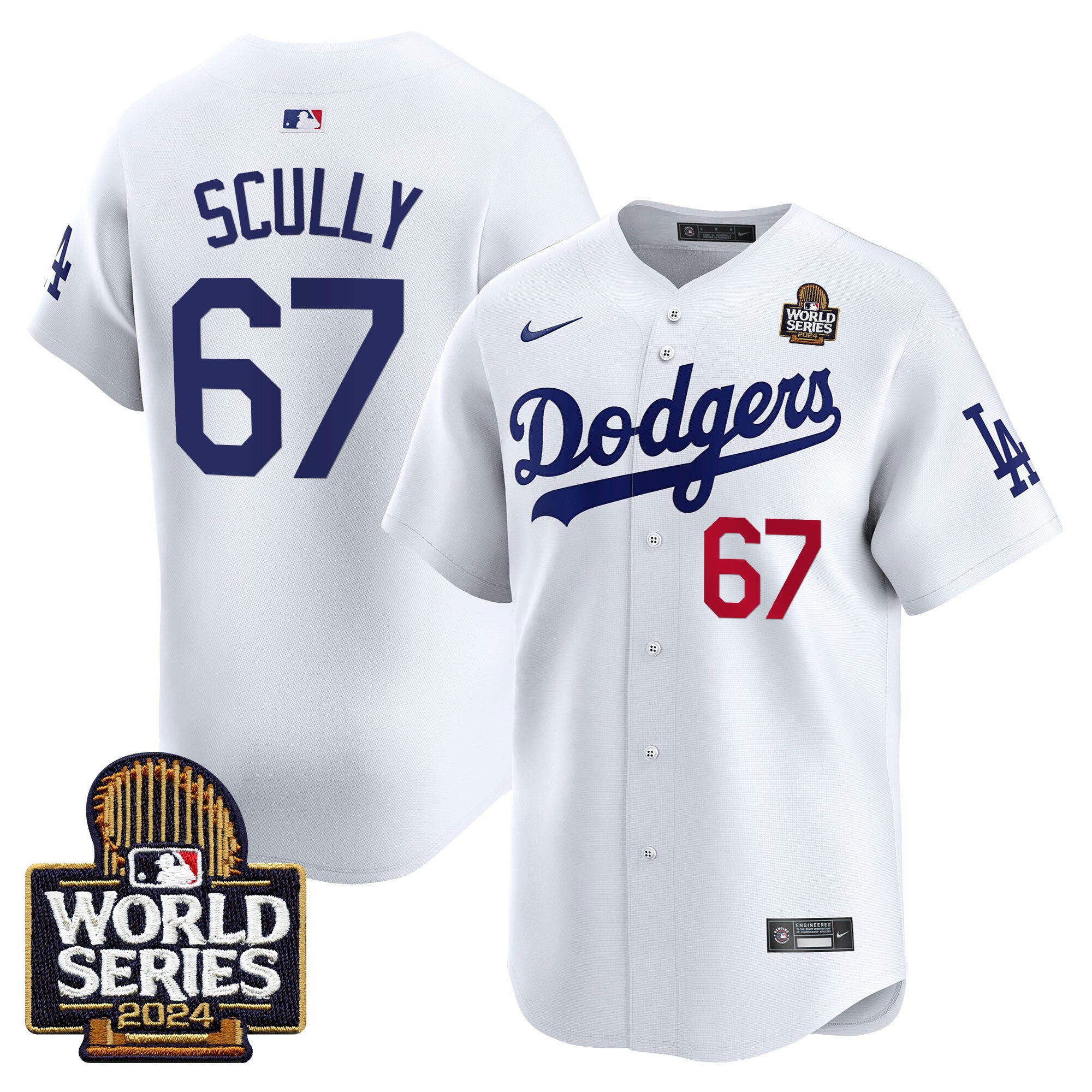 Men's Dodgers 2024 World Series Vapor Premier Limited Jersey V2 - All Stitched - White, Vin Scully