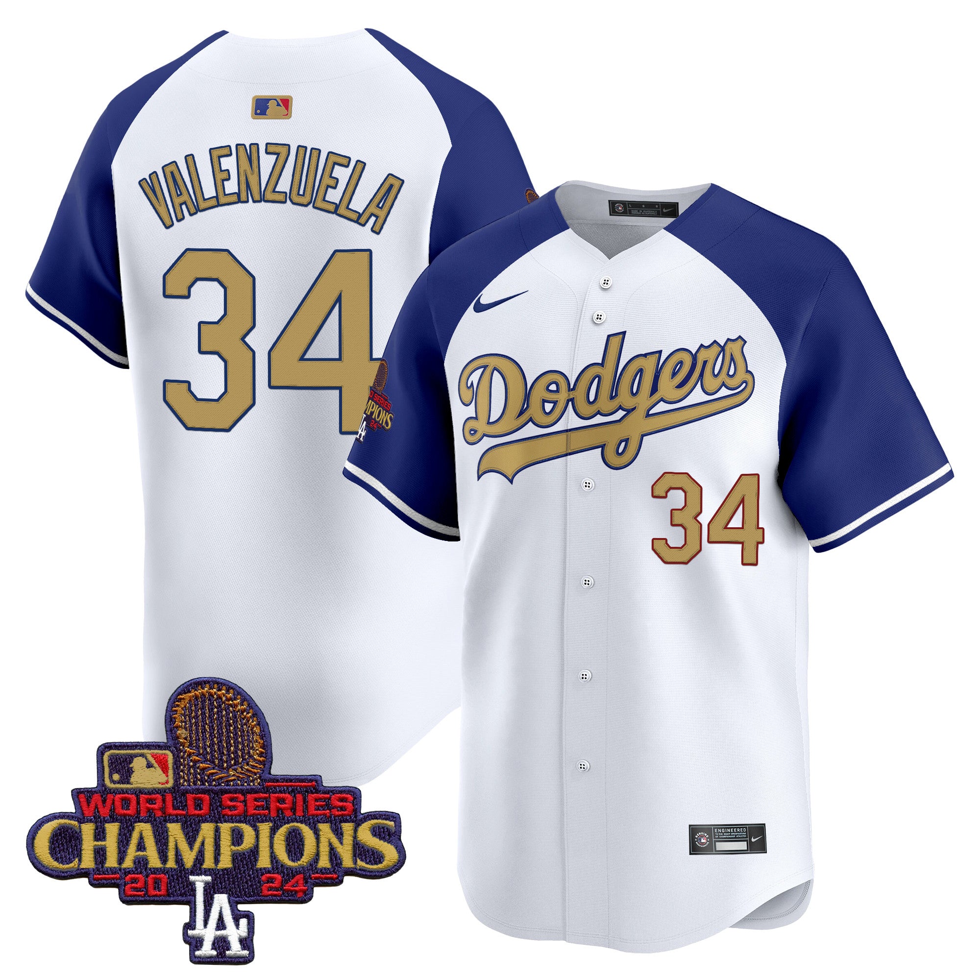 Men's Dodgers 2024 World Series Champions Gold Trim Vapor Premier Limited Jersey V2 - All Stitched - White, Shohei Ohtani