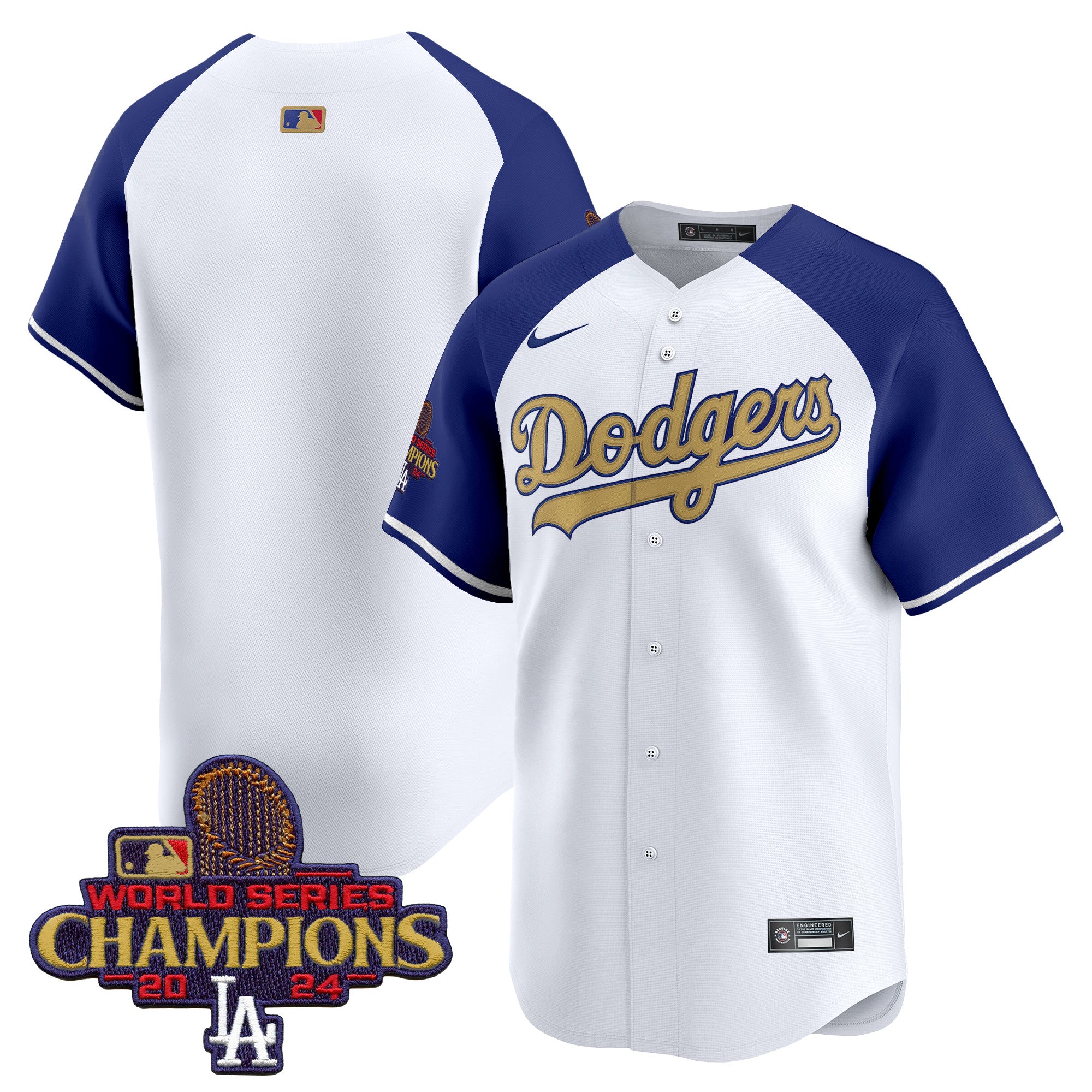 Men's Dodgers 2024 World Series Champions Gold Trim Vapor Premier Limited Jersey V2 - All Stitched - White Gold, Tommy Edman