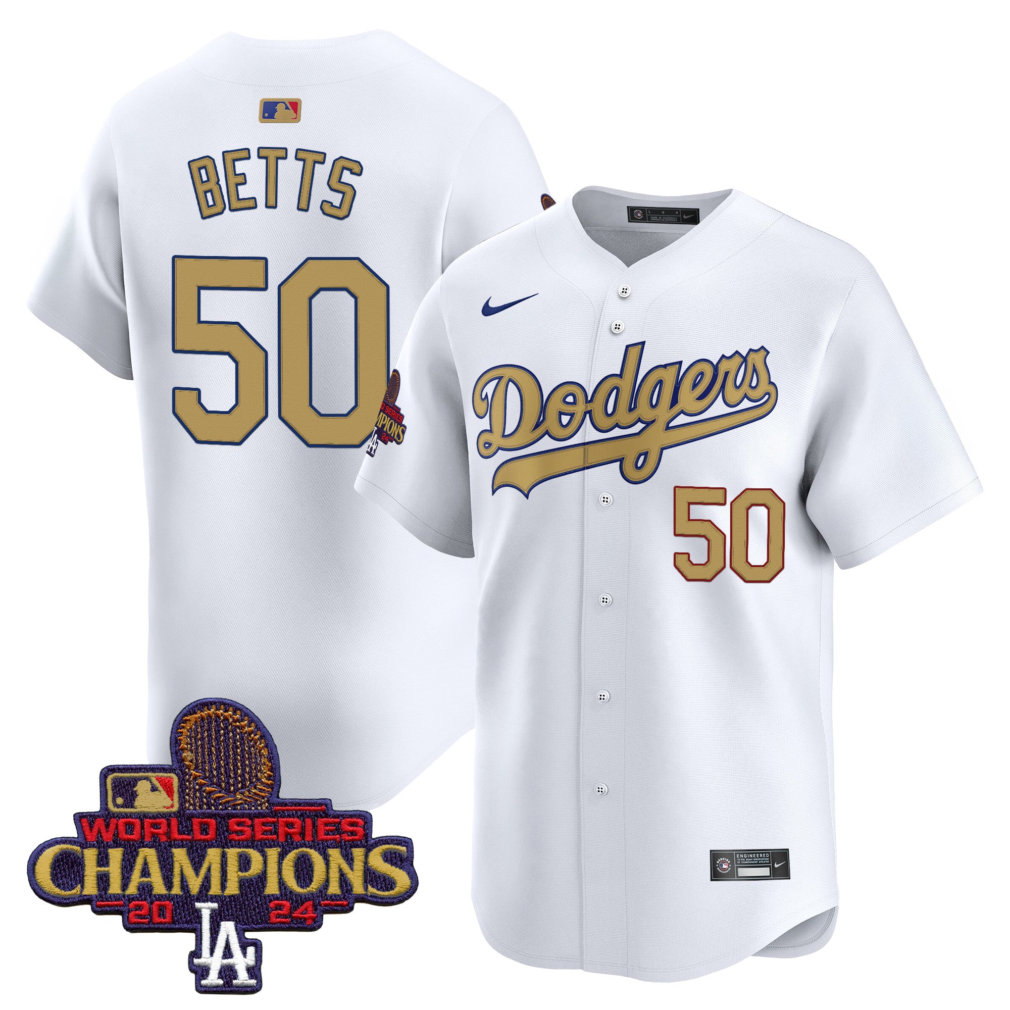 Men's Dodgers 2024 World Series Champions Gold Trim Vapor Premier Limited Jersey V2 - All Stitched - White Alternate, Vin Scully
