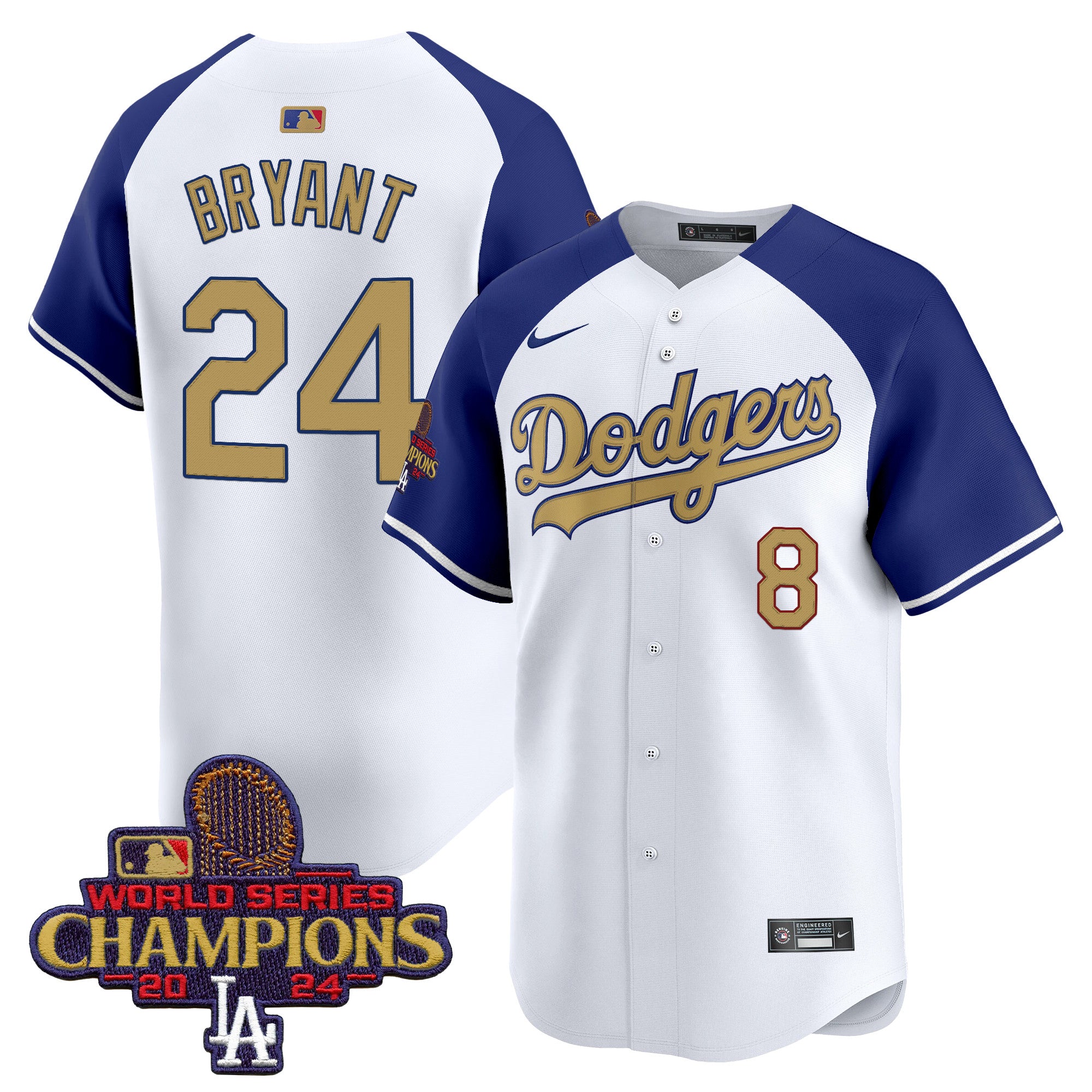 Men's Dodgers 2024 World Series Champions Gold Trim Vapor Premier Limited Jersey V2 - All Stitched - White, Kobe Bryant