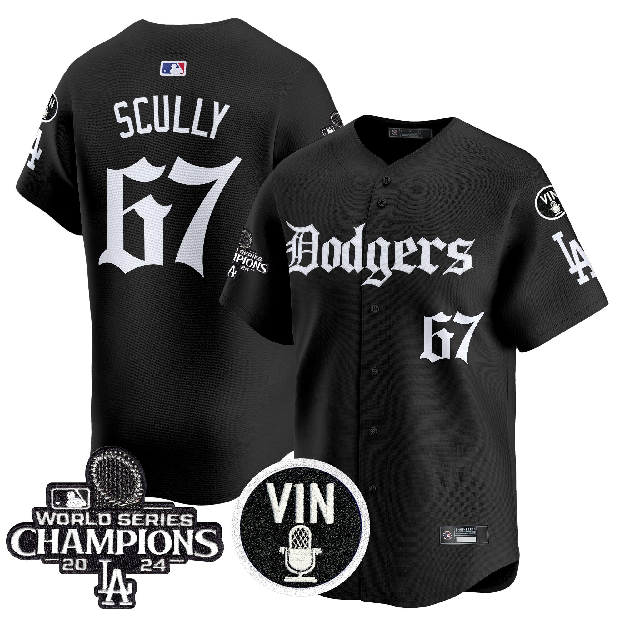 Men's Dodgers 2025 LA Gothic Style Vapor Premier Limited Jersey V2 - All Stitched - Black, Vin Scully