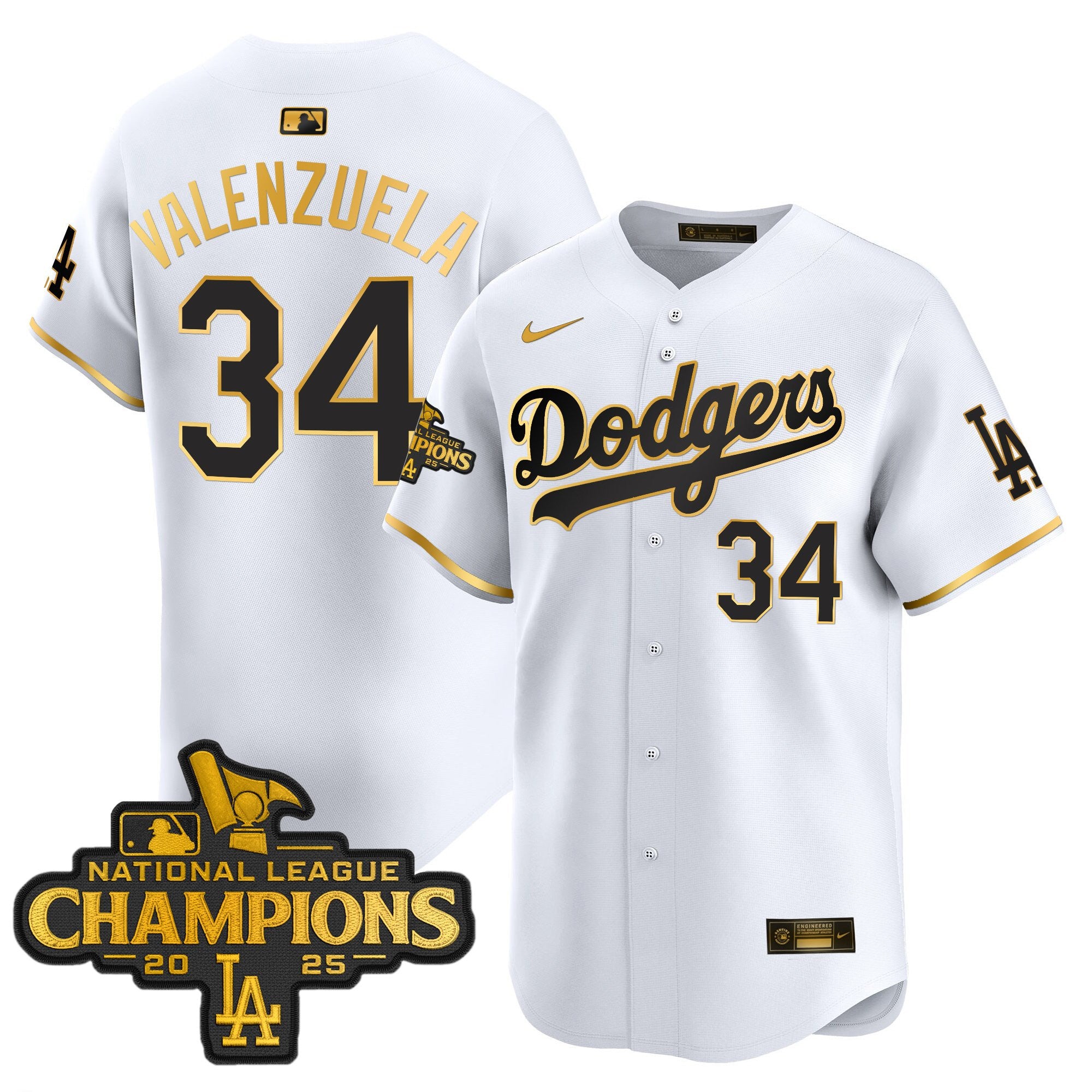 Men's Dodgers 2025 National League Champions Vapor Premier Limited Jersey - All Stitched - White Gold, Fernando Valenzuela