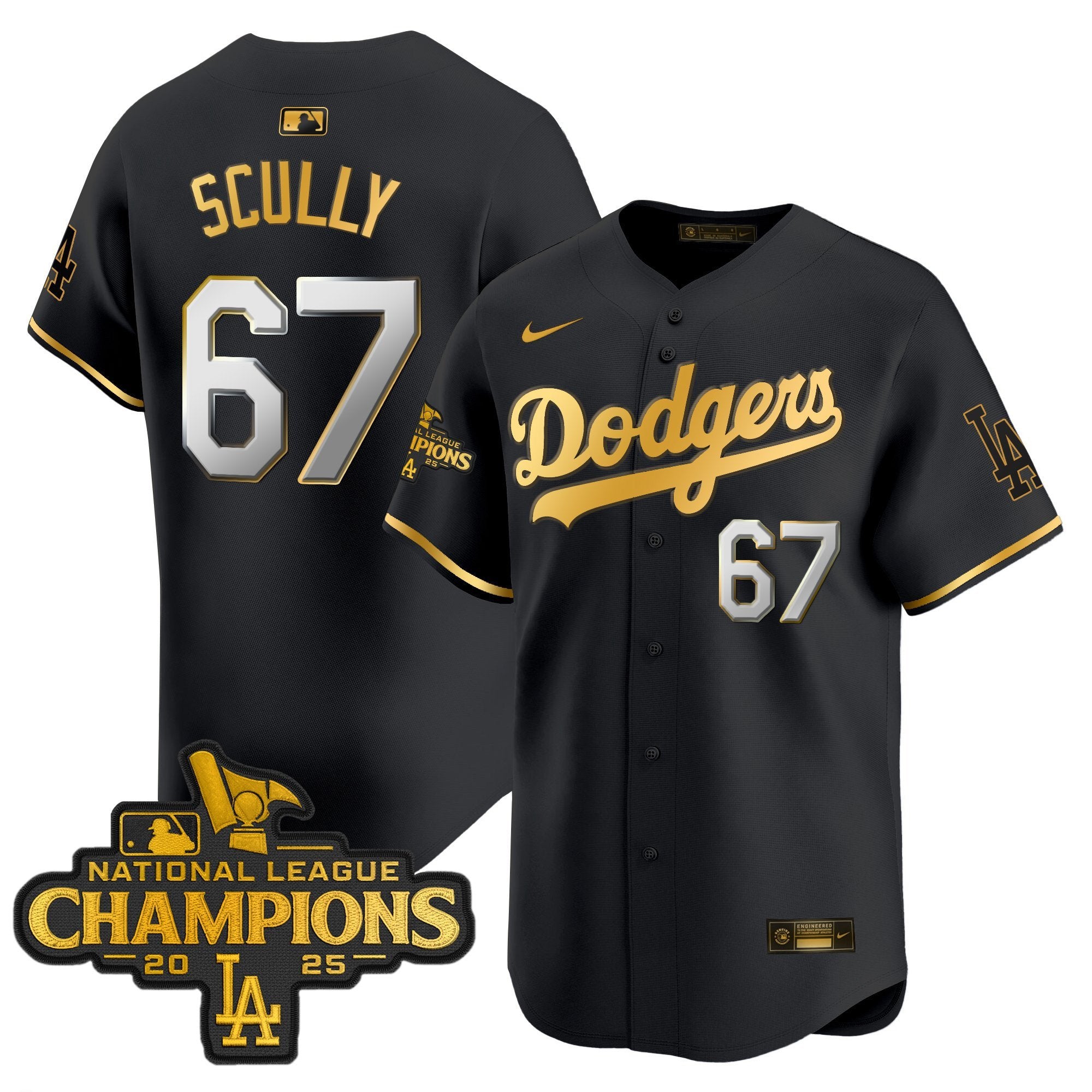 Men's Dodgers 2025 National League Champions Vapor Premier Limited Jersey - All Stitched - Black Gold, Vin Scully