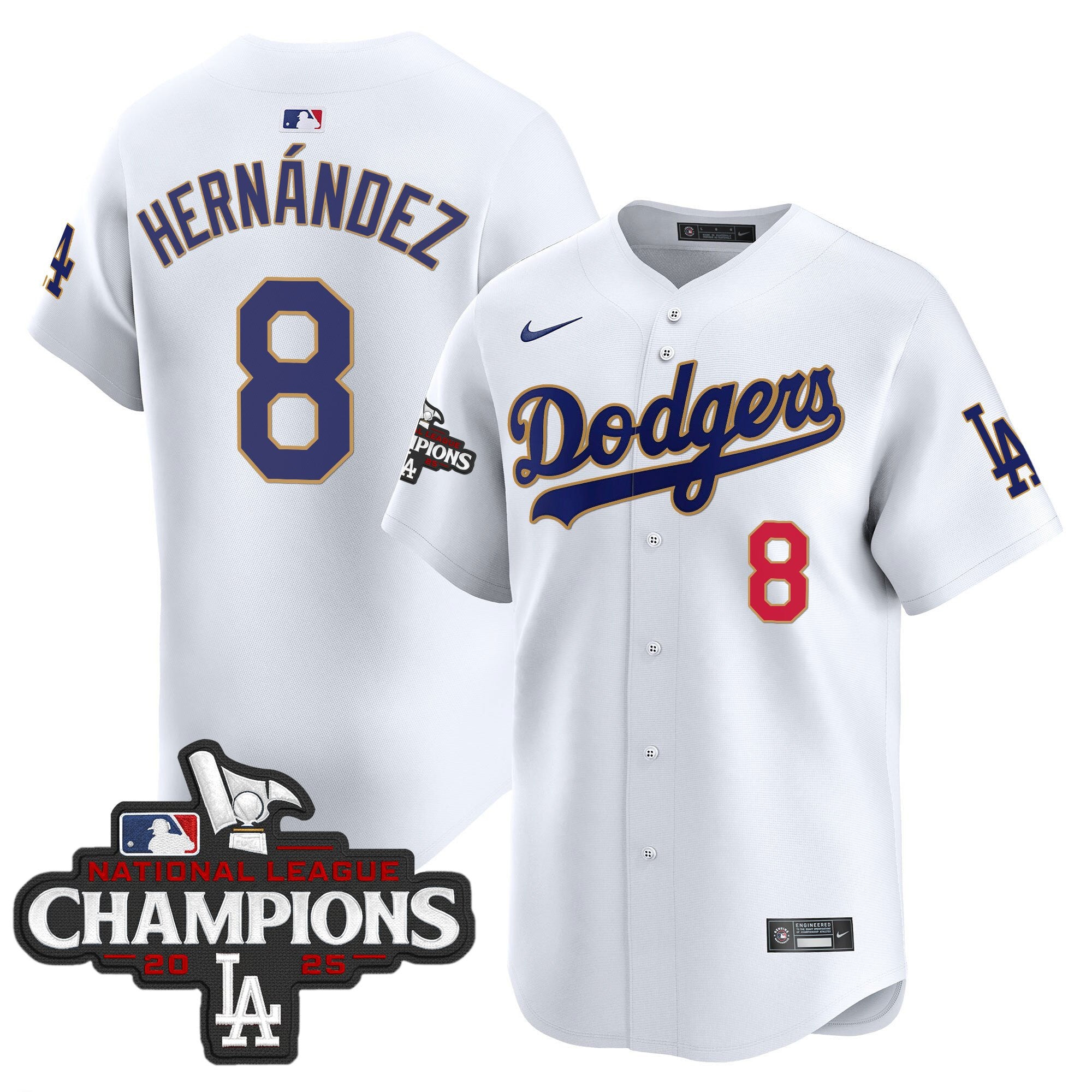 Men's Dodgers 2025 National League Champions Vapor Premier Limited Jersey - All Stitched - White, Kike Hernandez